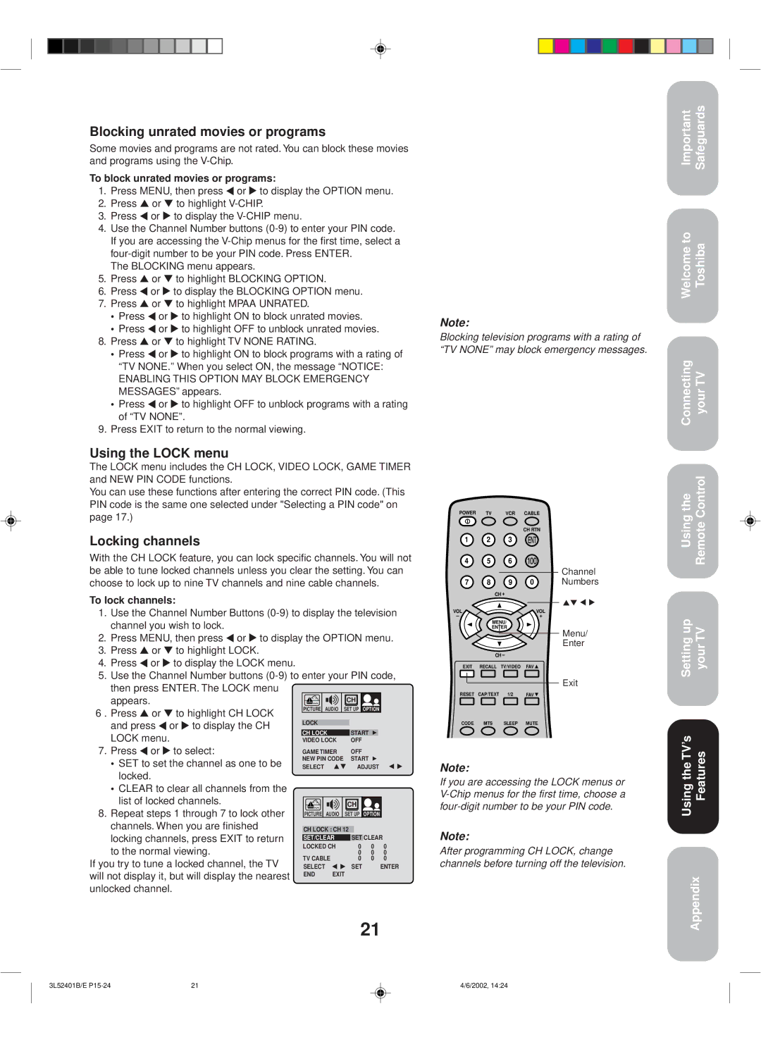 Toshiba 27A32 appendix Blocking unrated movies or programs, Using the Lock menu, Locking channels 