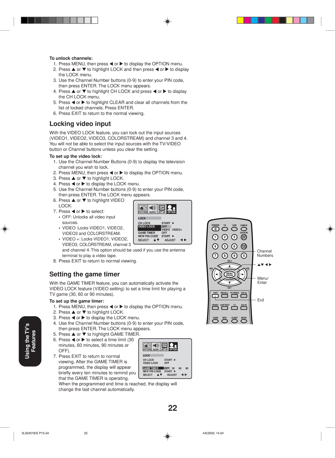 Toshiba 27A32 appendix Locking video input, Setting the game timer, To unlock channels, To set up the video lock 