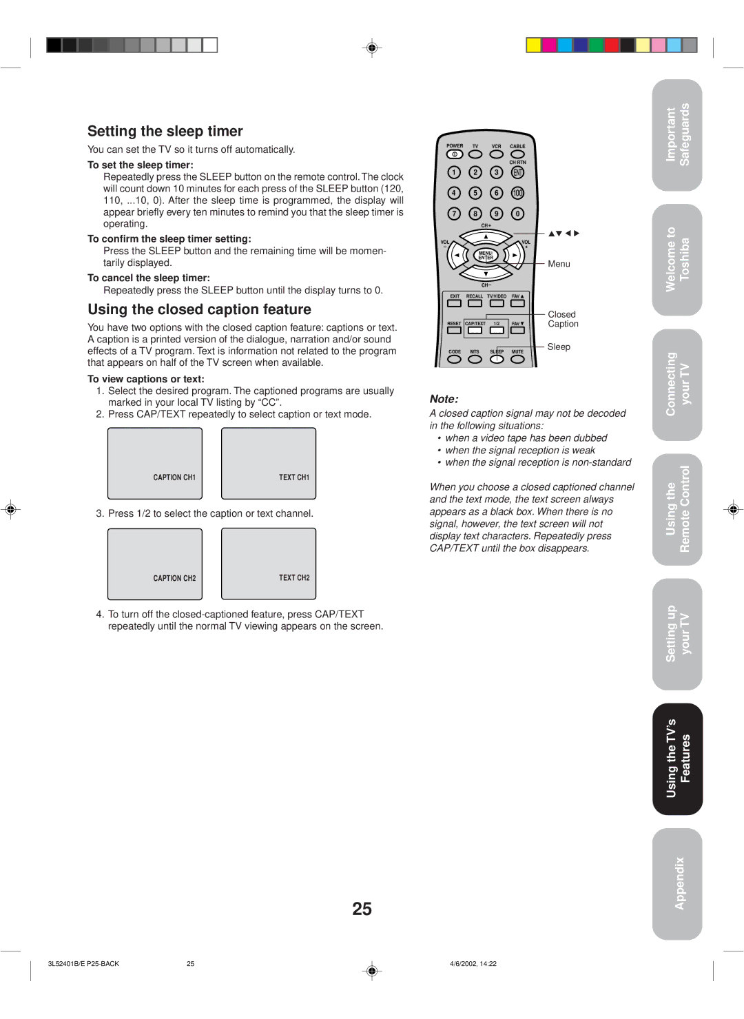 Toshiba 27A32 appendix Setting the sleep timer, Using the closed caption feature 