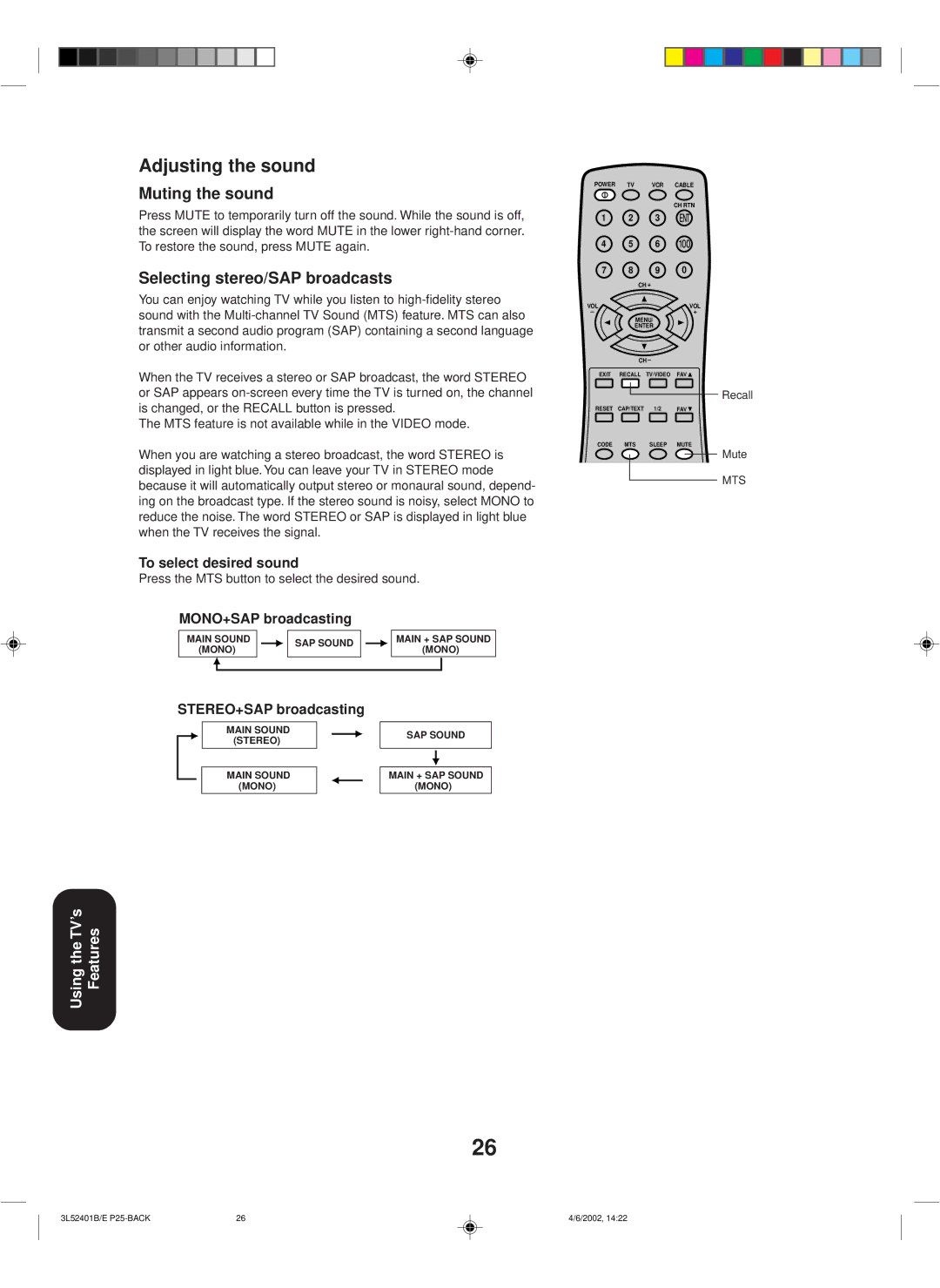 Toshiba 27A32 appendix Adjusting the sound, Muting the sound, Selecting stereo/SAP broadcasts, Recall 