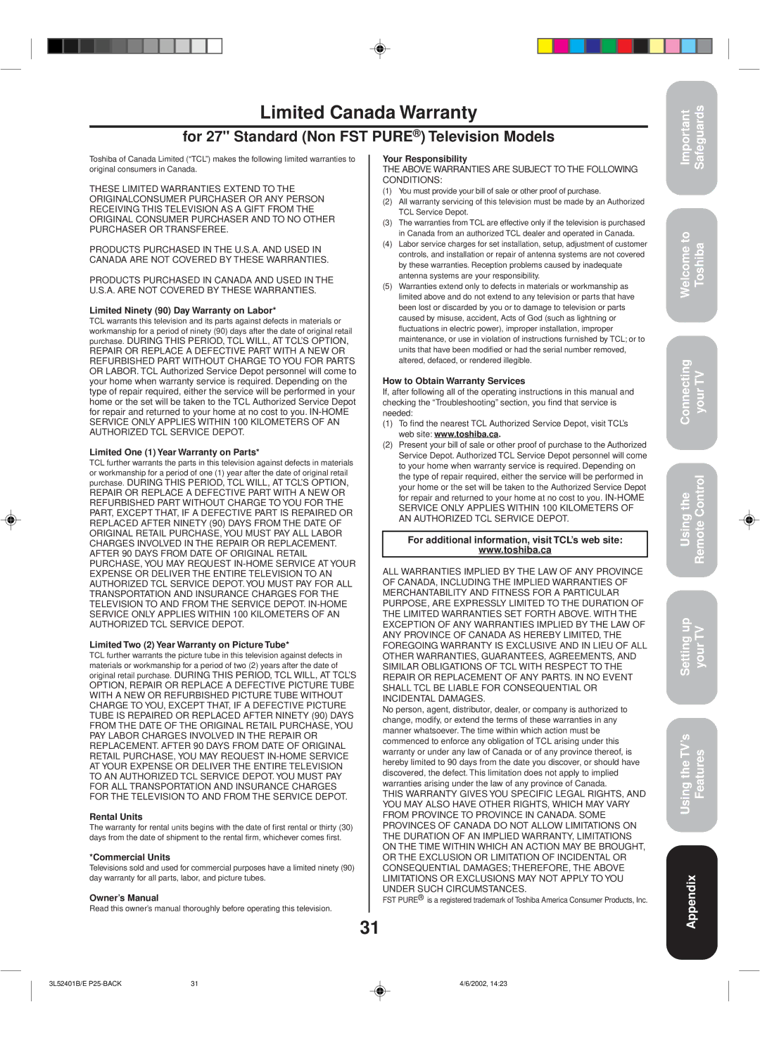 Toshiba 27A32 appendix Limited Canada Warranty, For additional information, visit TCL’s web site 