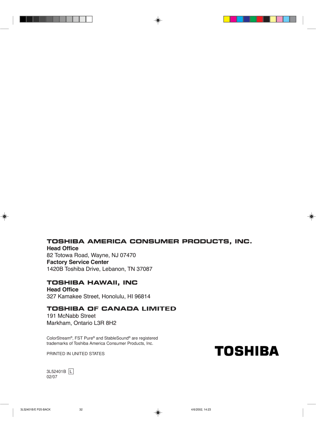 Toshiba 27A32 appendix 3L52401B/E P25-BACK 2002 