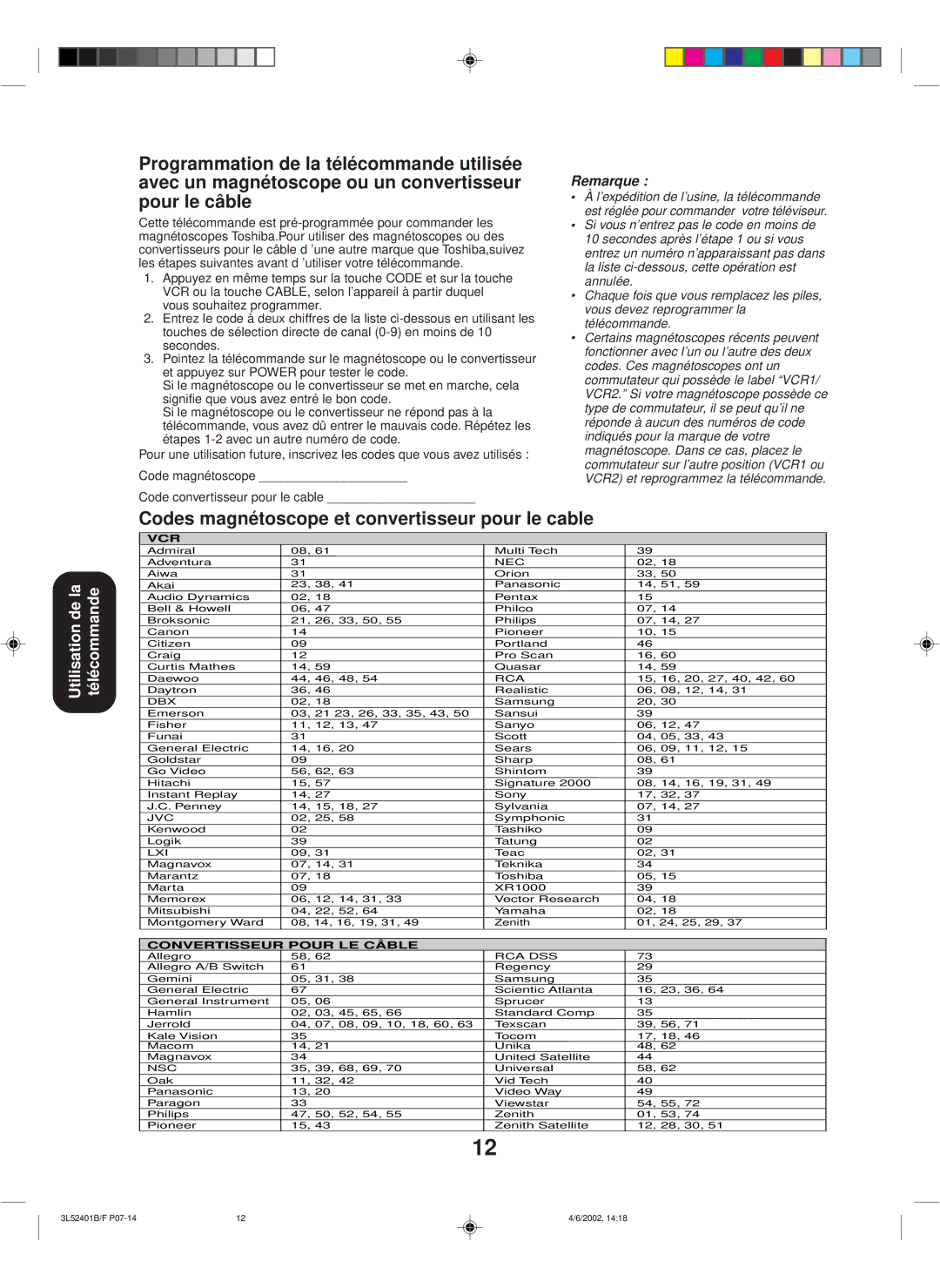 Toshiba 27A32 appendix Codes magnétoscope et convertisseur pour le cable, Convertisseur Pour LE Câble 