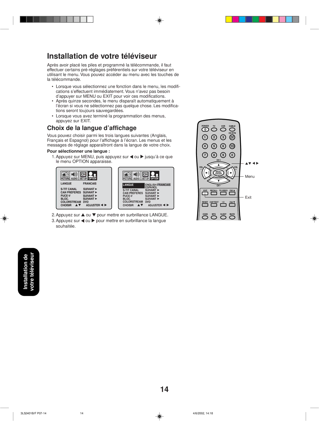 Toshiba 27A32 appendix Installation de votre téléviseur, Choix de la langue d’affichage, Pour sélectionner une langue 