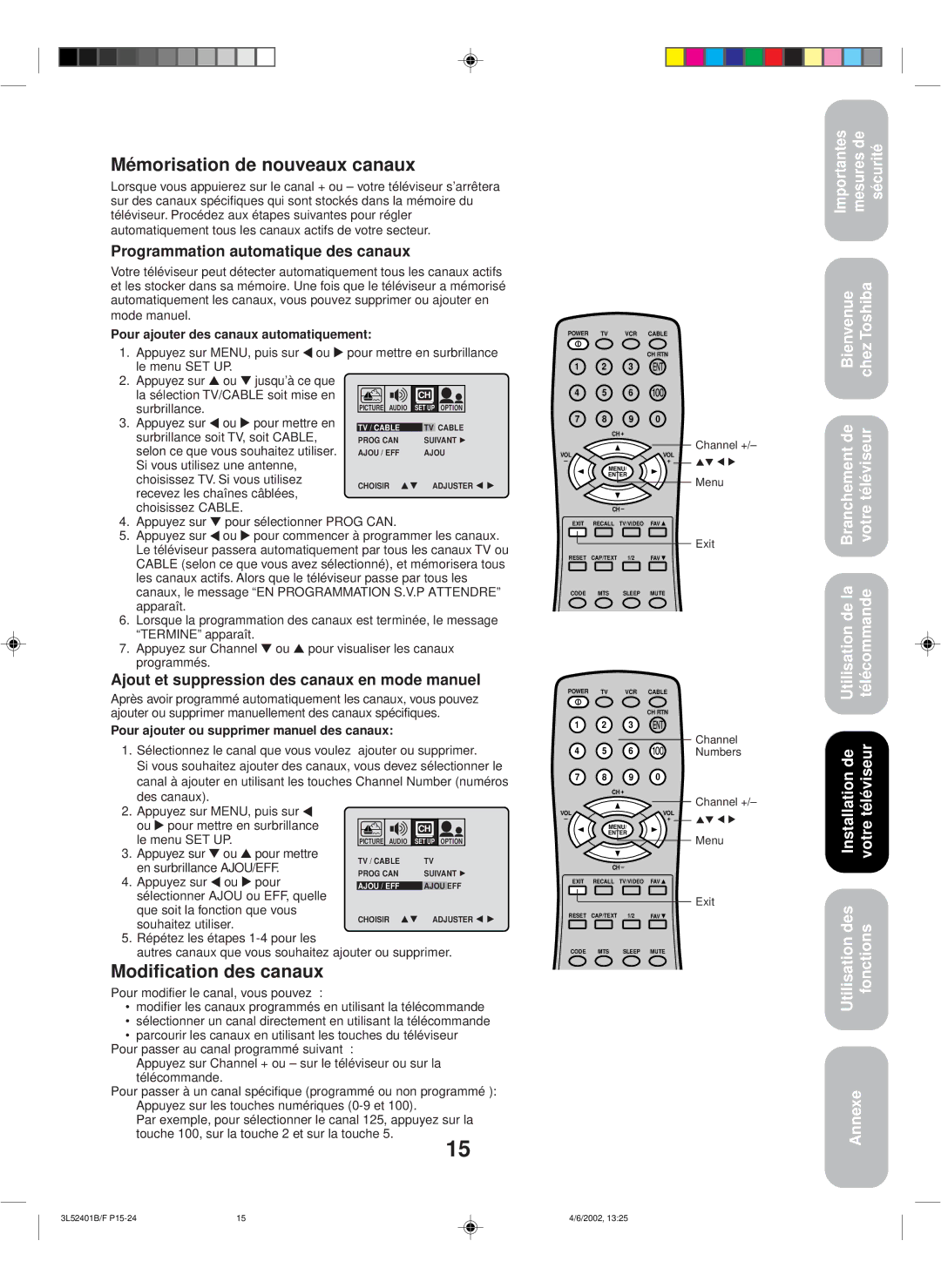 Toshiba 27A32 appendix Mémorisation de nouveaux canaux, Modification des canaux, Programmation automatique des canaux 