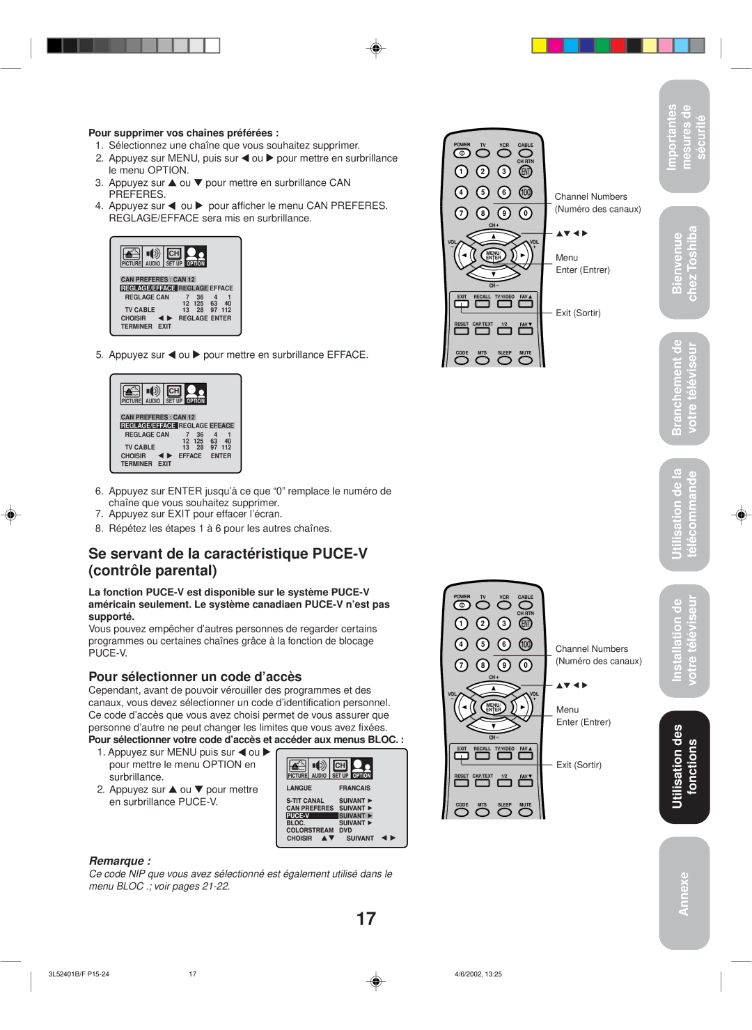 Toshiba 27A32 appendix Se servant de la caractéristique PUCE-V contrôle parental, Pour sélectionner un code d’accès 