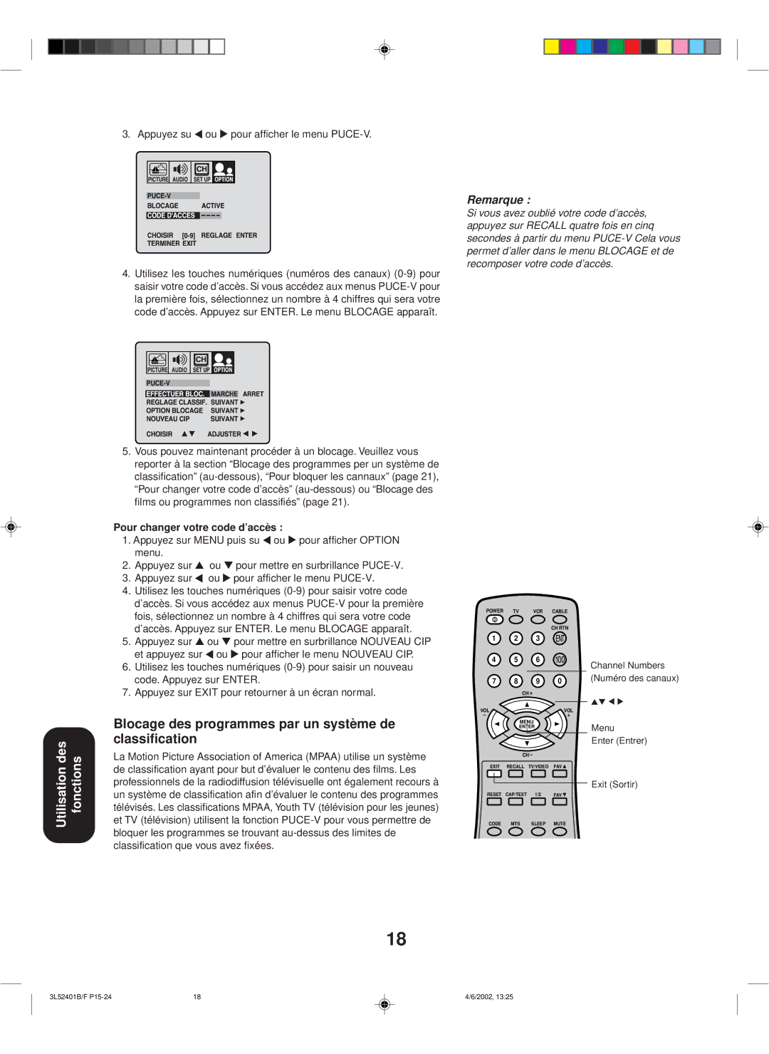 Toshiba 27A32 appendix Blocage des programmes par un système de classification, Appuyez su ou pour afficher le menu PUCE-V 