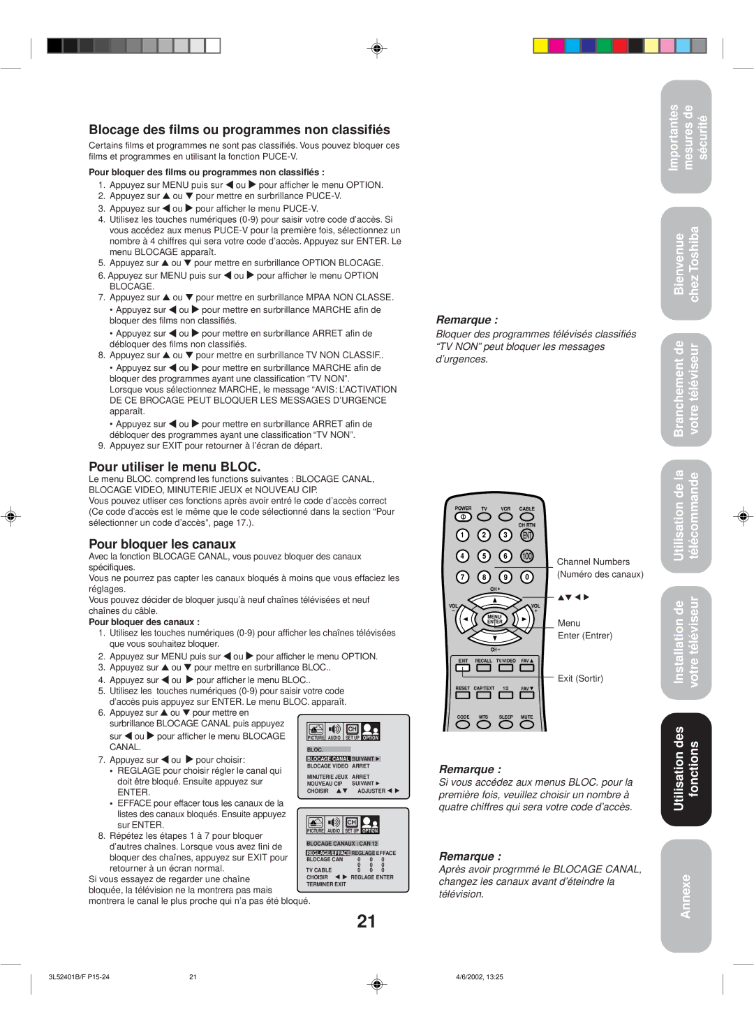 Toshiba 27A32 appendix Blocage des films ou programmes non classifiés, Pour utiliser le menu Bloc, Pour bloquer les canaux 