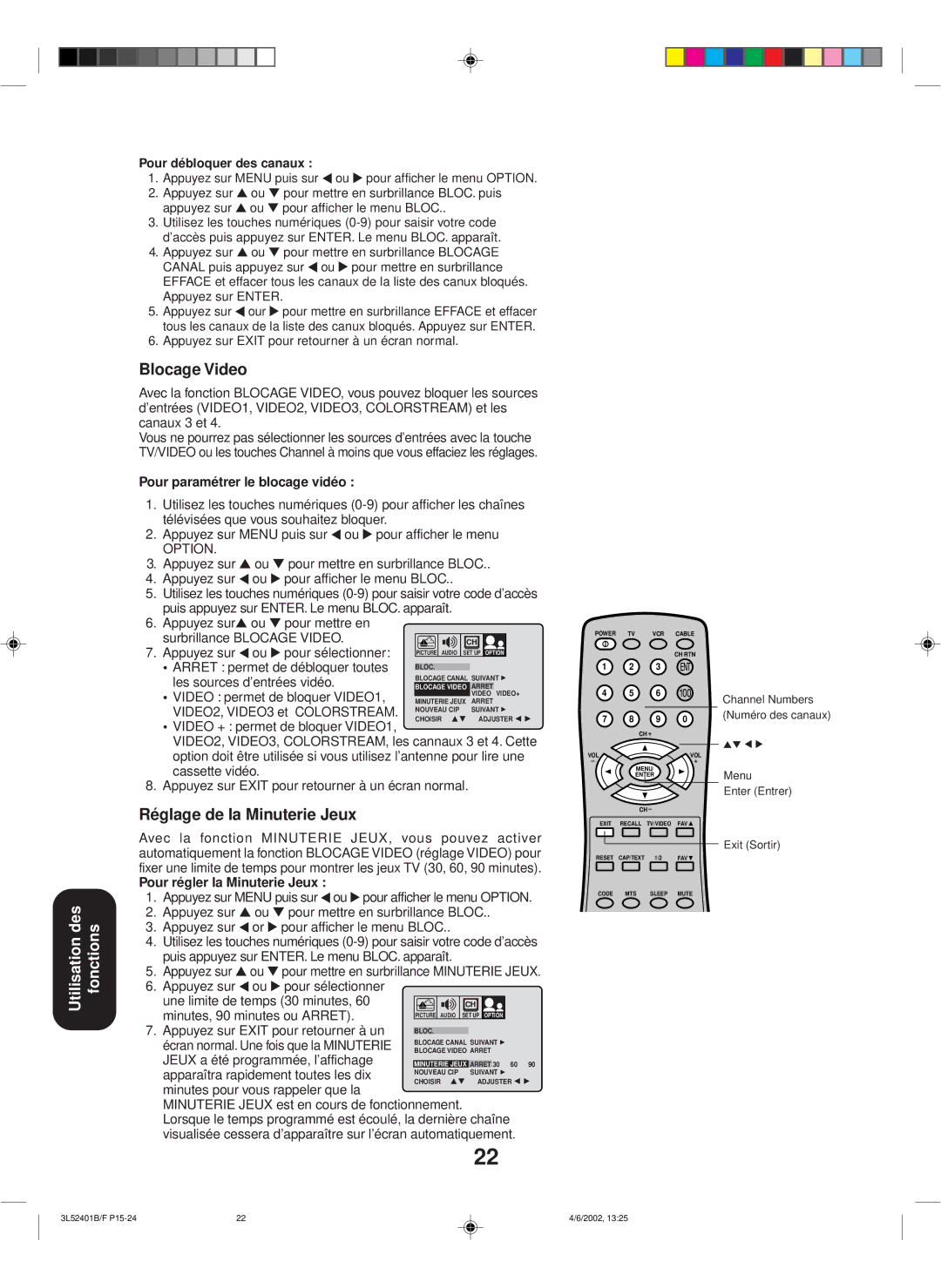 Toshiba 27A32 appendix Blocage Video, Réglage de la Minuterie Jeux, Pour débloquer des canaux 