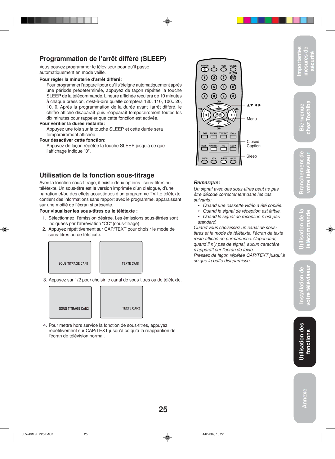 Toshiba 27A32 appendix Programmation de l’arrêt différé Sleep, Utilisation de la fonction sous-titrage 