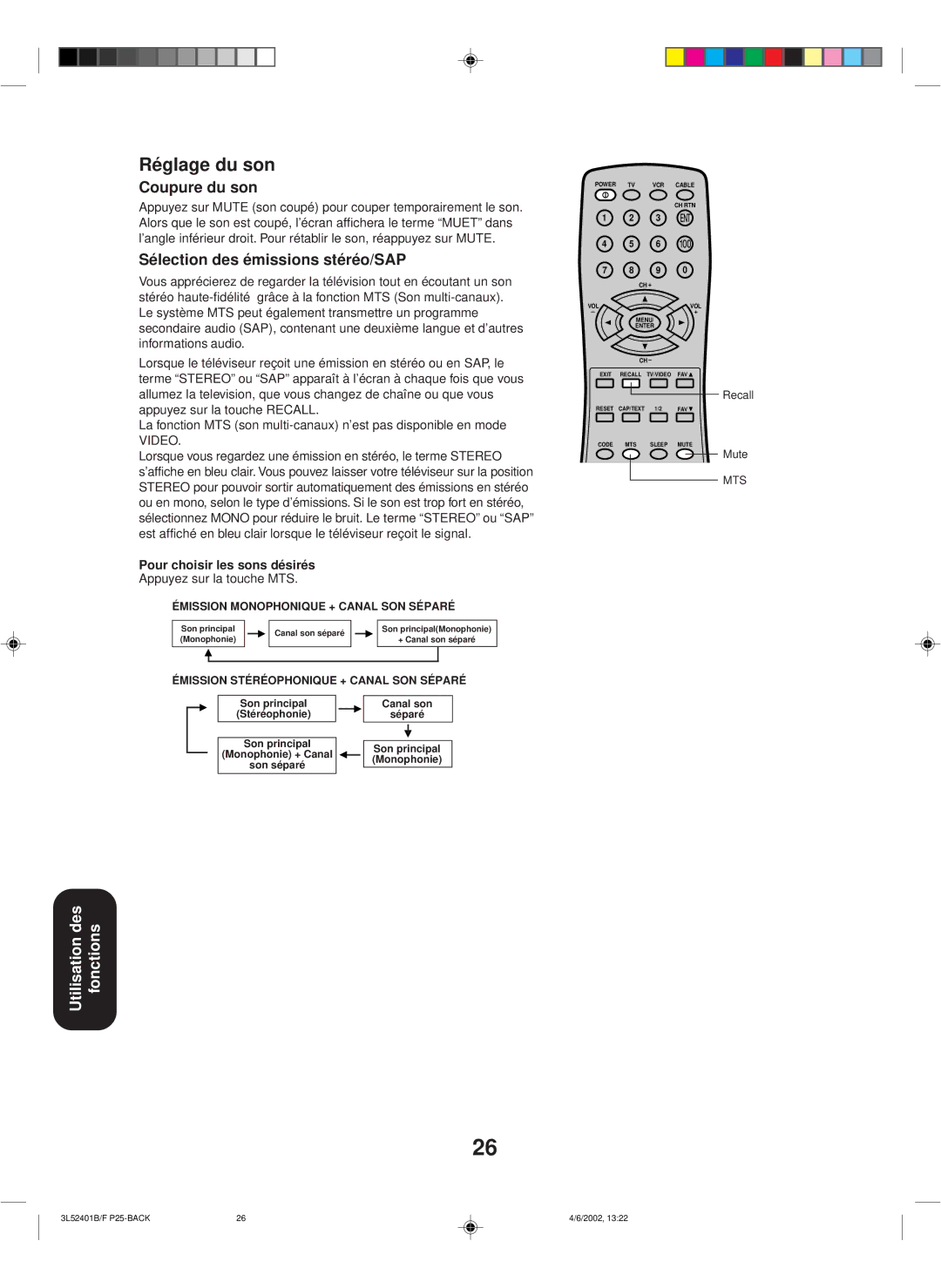 Toshiba 27A32 appendix Réglage du son, Coupure du son, Sélection des émissions stéréo/SAP, Pour choisir les sons désirés 