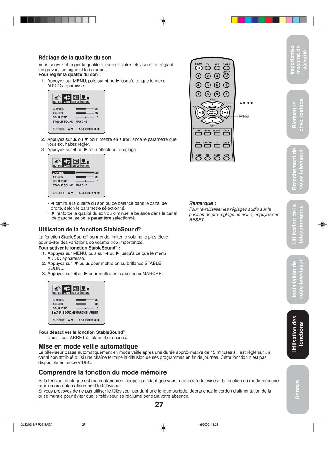 Toshiba 27A32 Mise en mode veille automatique, Comprendre la fonction du mode mémoire, Réglage de la qualité du son 