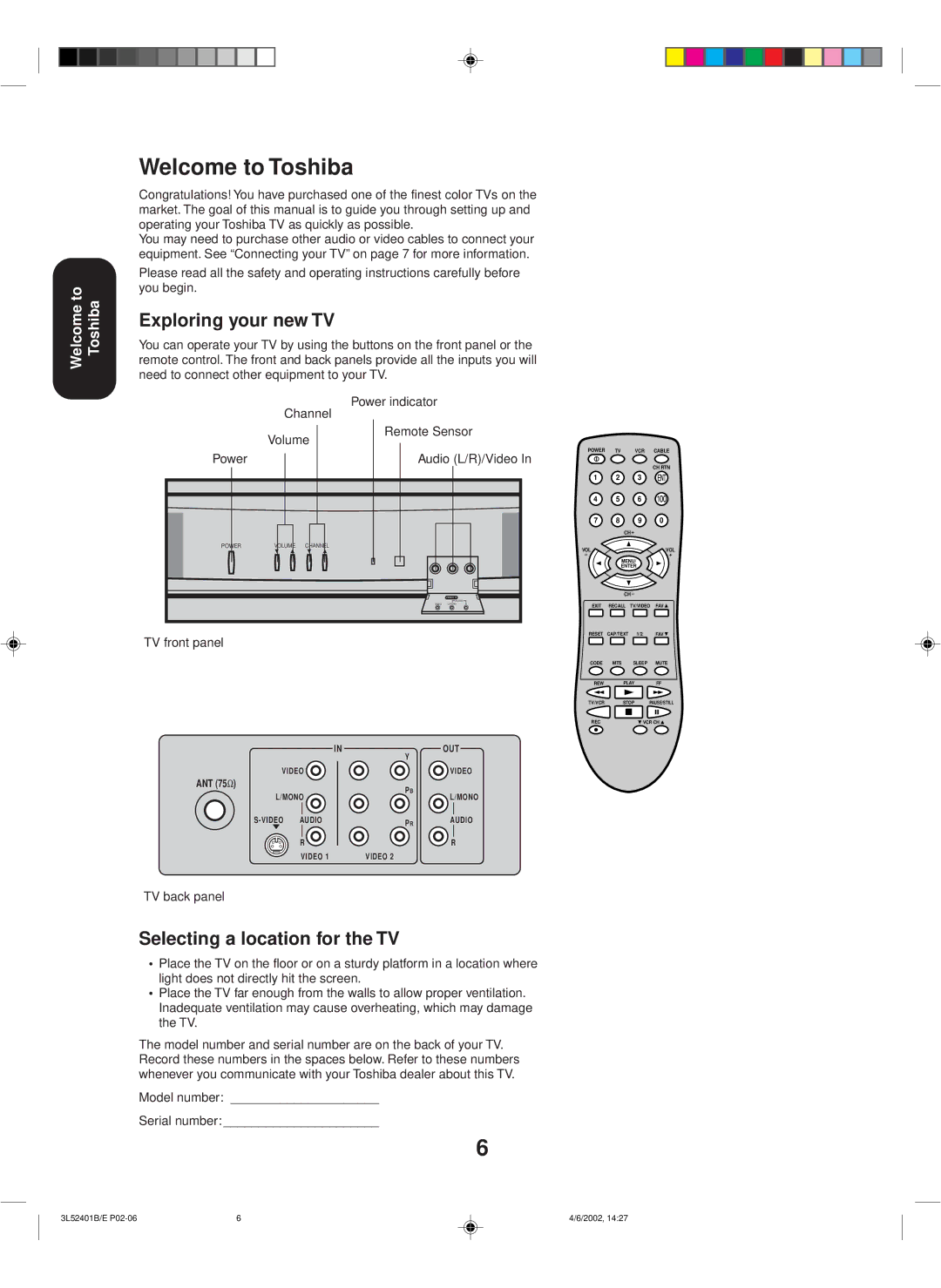 Toshiba 27A32 appendix Welcome to Toshiba, Exploring your new TV, Selecting a location for the TV 