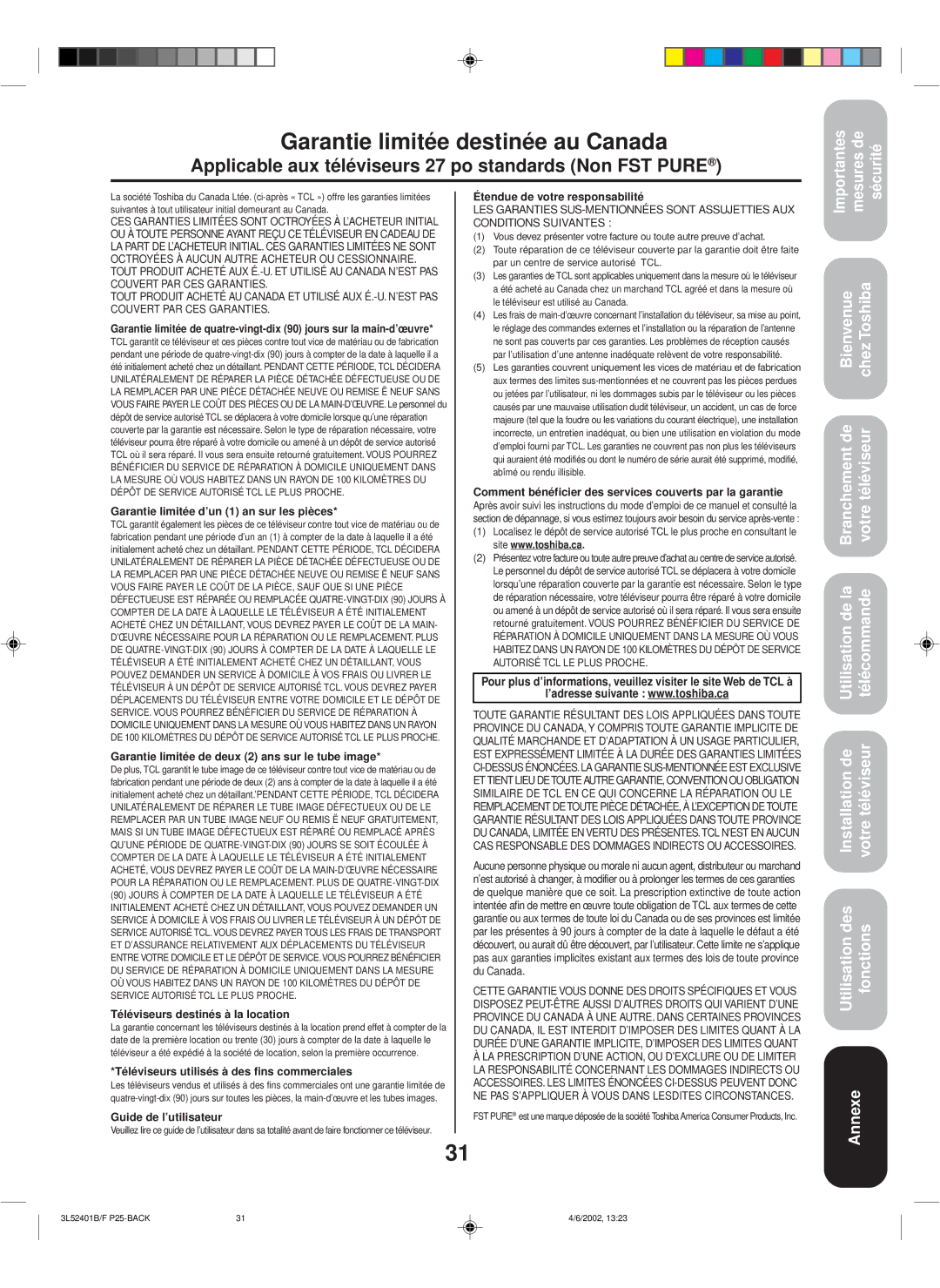 Toshiba 27A32 appendix Garantie limitée destinée au Canada, Guide de l’utilisateur 