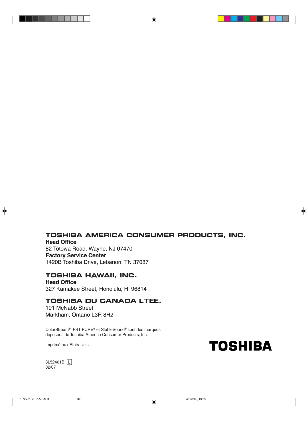 Toshiba 27A32 appendix Imprimé aux États-Unis 3L52401B 02/07 