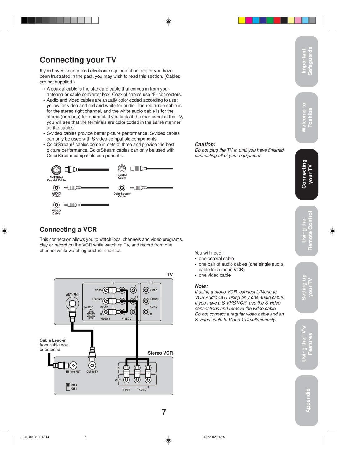 Toshiba 27A32 appendix Connecting your TV, Connecting a VCR, ColorStream compatible components, Stereo VCR 