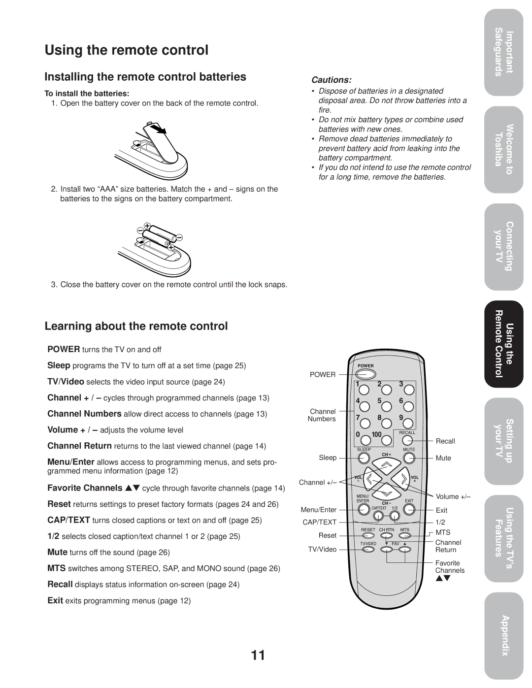 Toshiba 27A33 appendix Using the remote control, Installing the remote control batteries, Learning about the remote control 