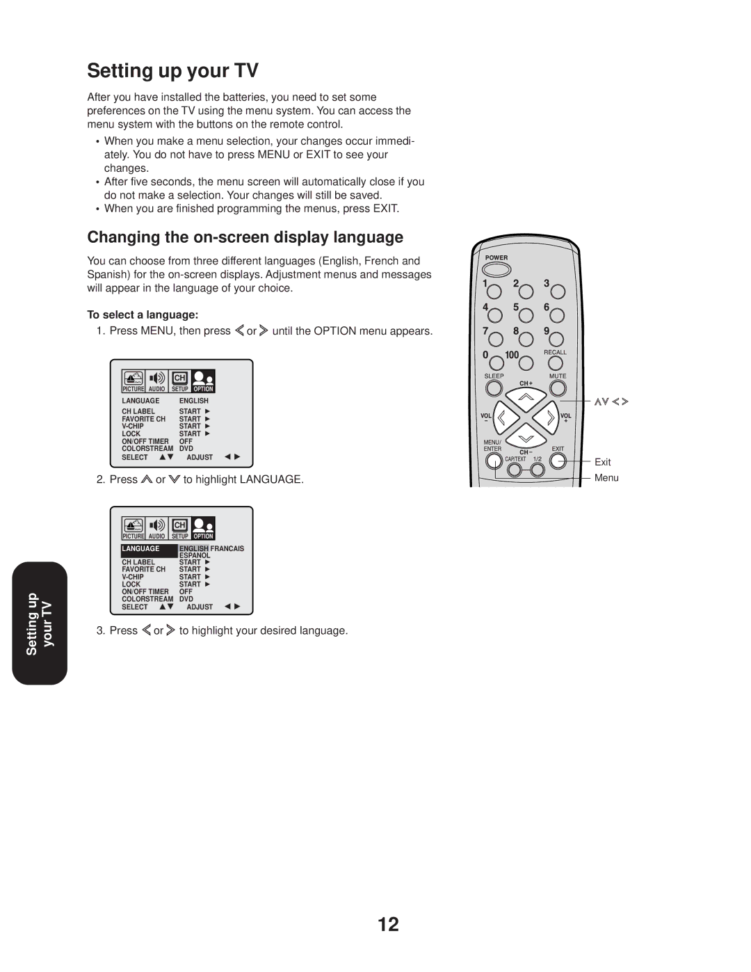 Toshiba 27A33 appendix Setting up your TV, Changing the on-screen display language, To select a language, Press or 