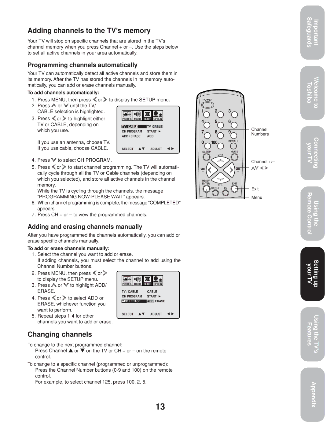 Toshiba 27A33 appendix Adding channels to the TV’s memory, Changing channels, Programming channels automatically 