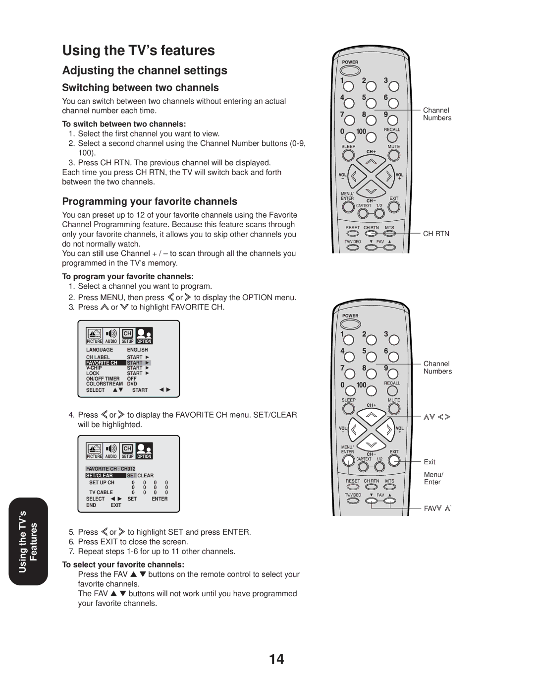 Toshiba 27A33 appendix Using the TV’s features, Adjusting the channel settings, Switching between two channels 