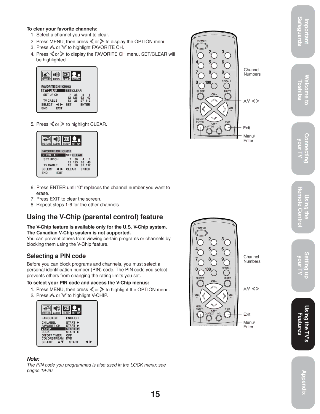 Toshiba 27A33 appendix Using the V-Chip parental control feature, Selecting a PIN code, To clear your favorite channels 