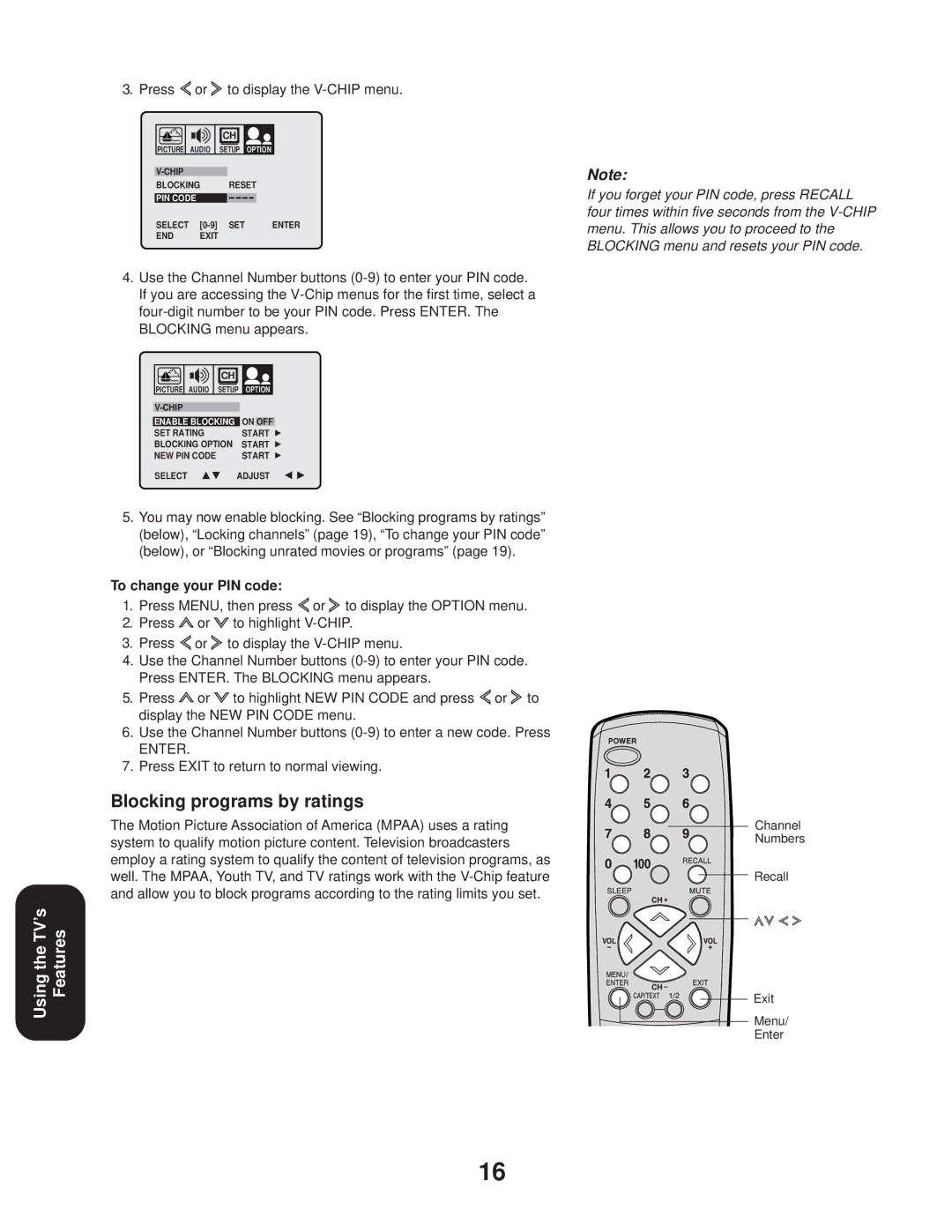 Toshiba 27A33 appendix Blocking programs by ratings, Press or to display the V-CHIP menu, To change your PIN code 