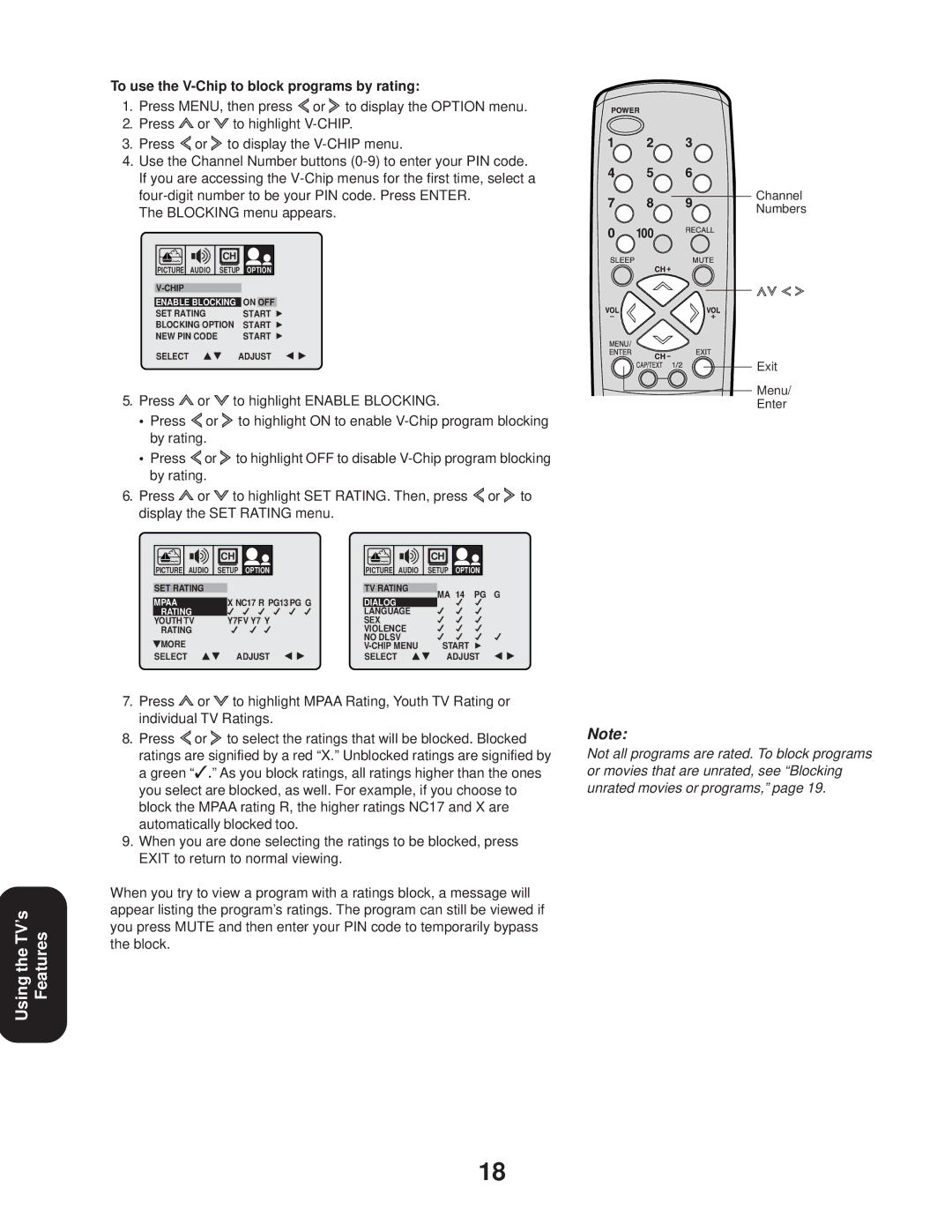 Toshiba 27A33 To use the V-Chip to block programs by rating, Blocking menu appears, Press To highlight Enable Blocking 