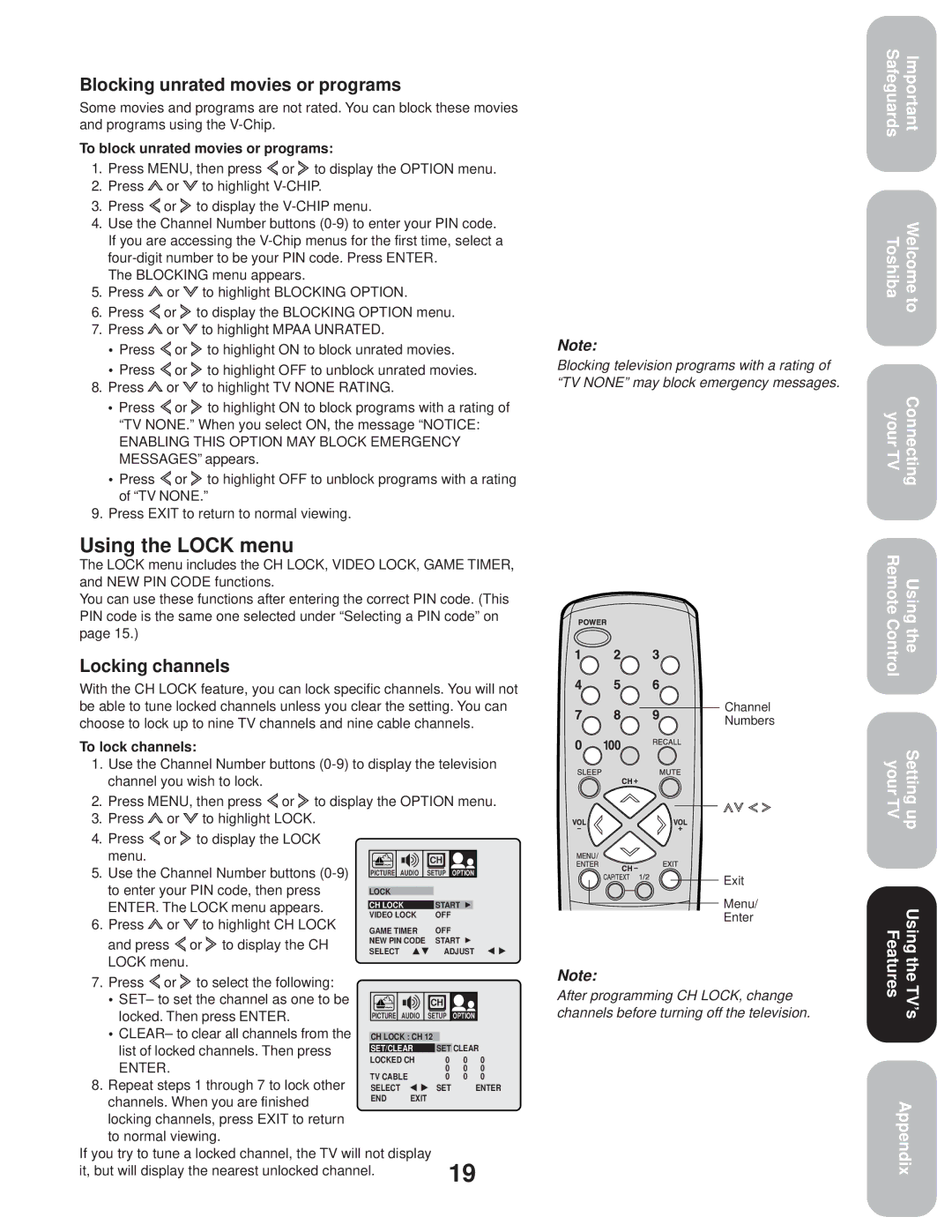 Toshiba 27A33 appendix Using the Lock menu, Blocking unrated movies or programs, Locking channels 