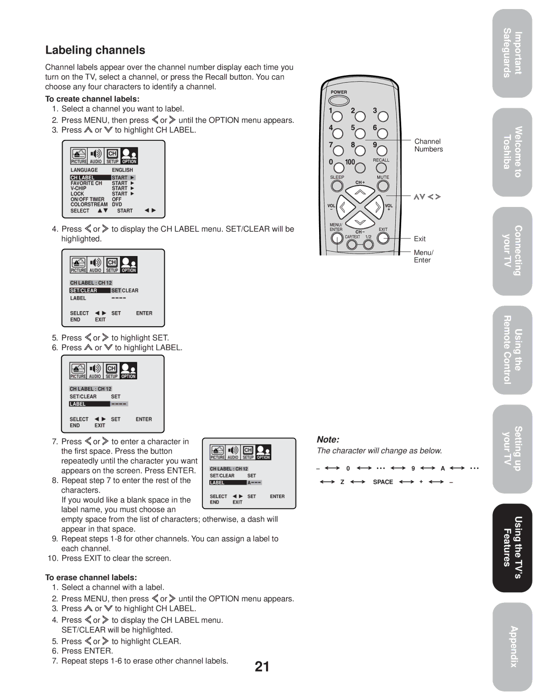 Toshiba 27A33 appendix Labeling channels 