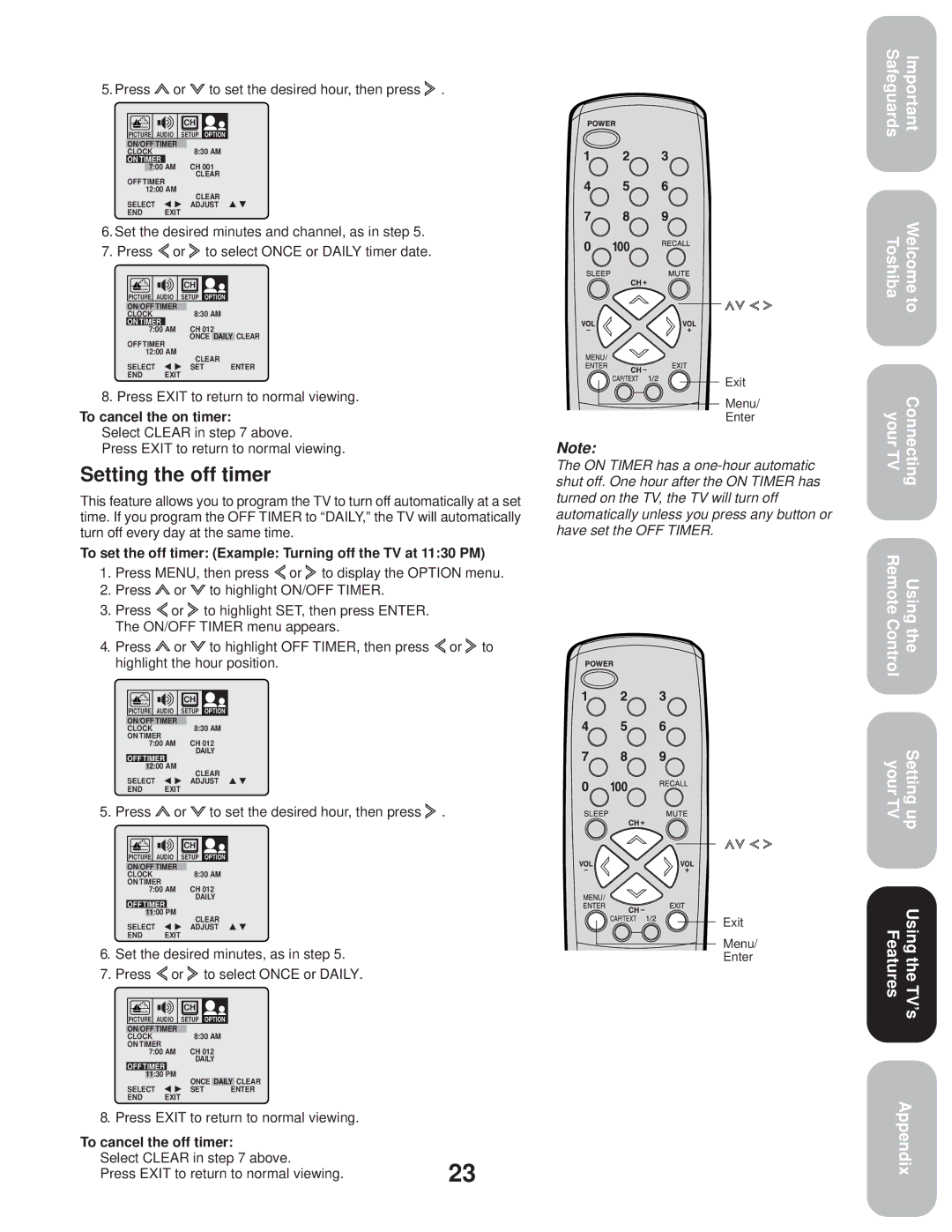 Toshiba 27A33 appendix Setting the off timer, Press or to set the desired hour, then press, To cancel the on timer 