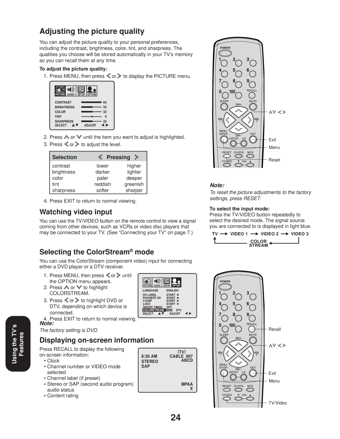 Toshiba 27A33 appendix Watching video input, Selecting the ColorStream mode, Displaying on-screen information 