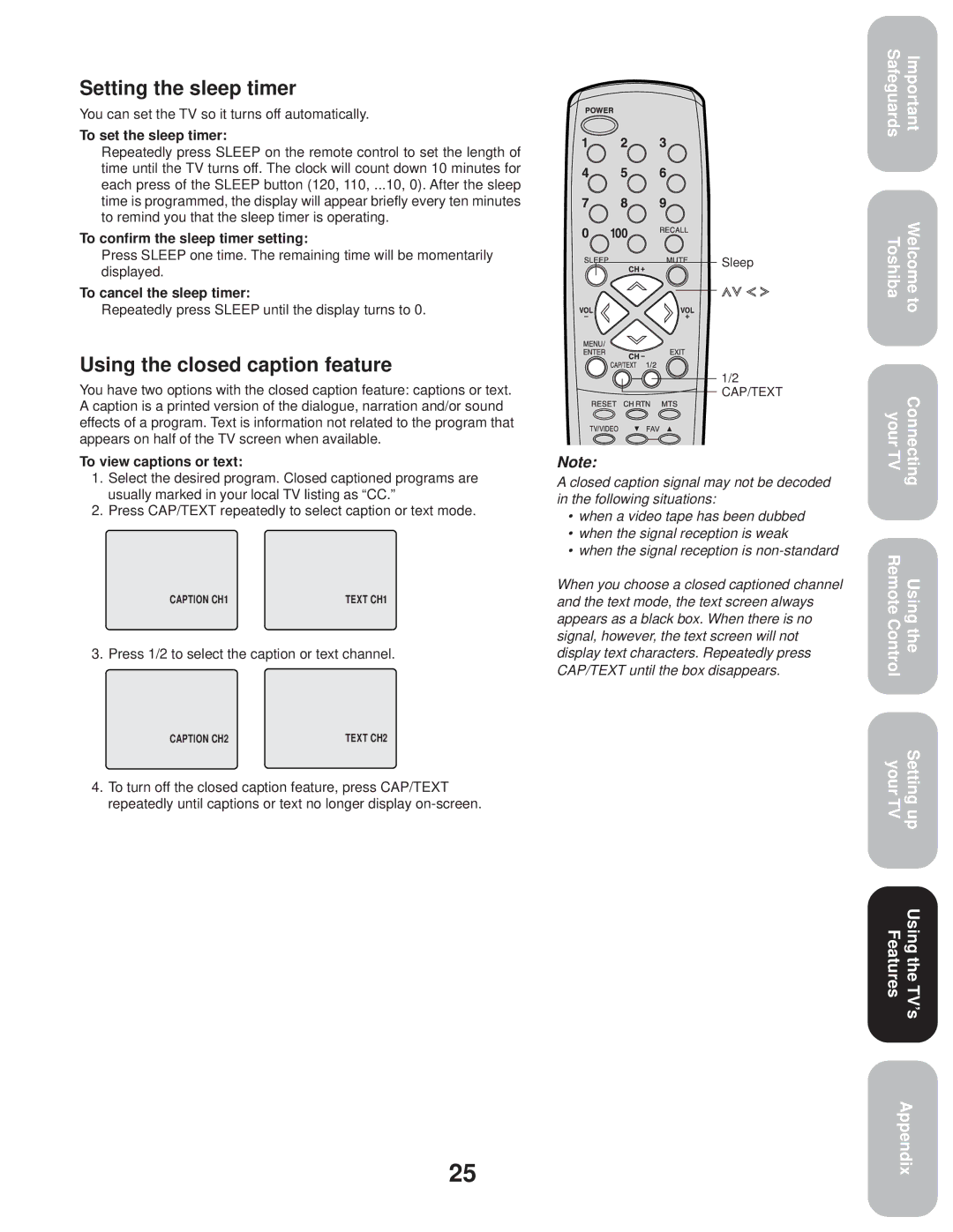 Toshiba 27A33 appendix Setting the sleep timer, Using the closed caption feature 