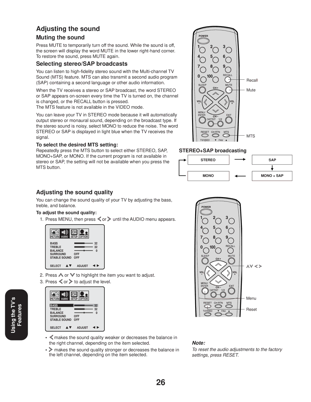 Toshiba 27A33 appendix Muting the sound, Selecting stereo/SAP broadcasts, Adjusting the sound quality 