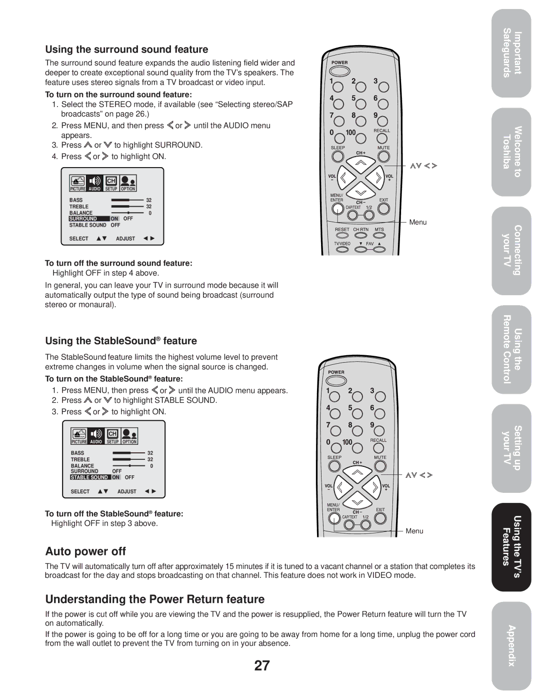 Toshiba 27A33 appendix Auto power off, Understanding the Power Return feature, Using the surround sound feature 