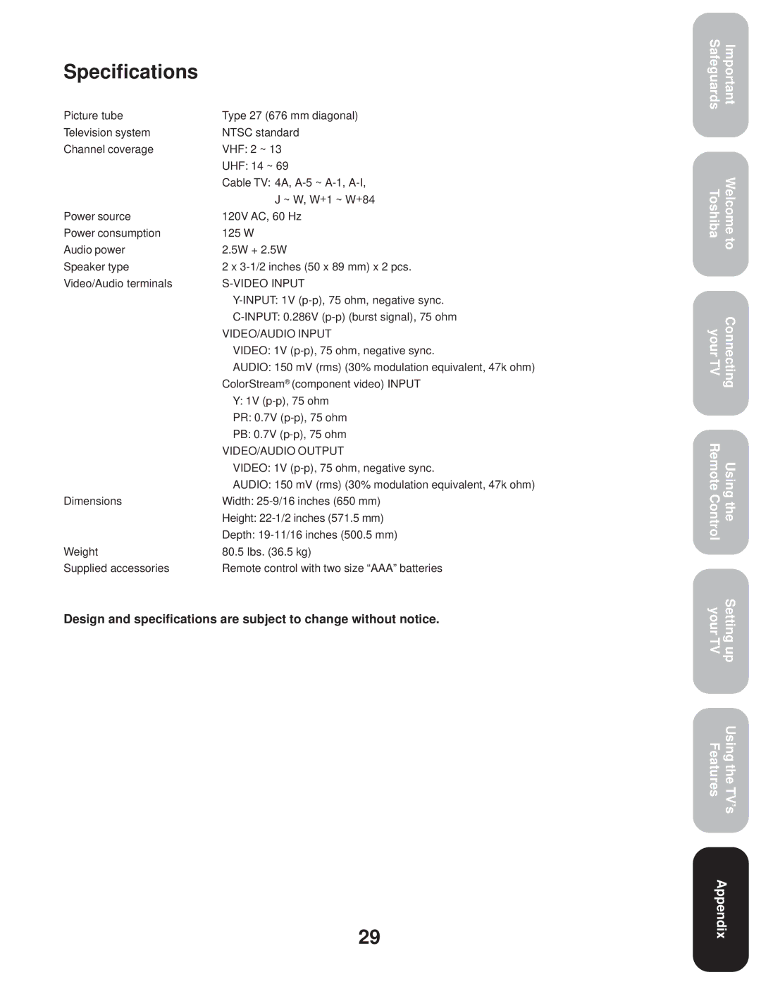 Toshiba 27A33 appendix Specifications 