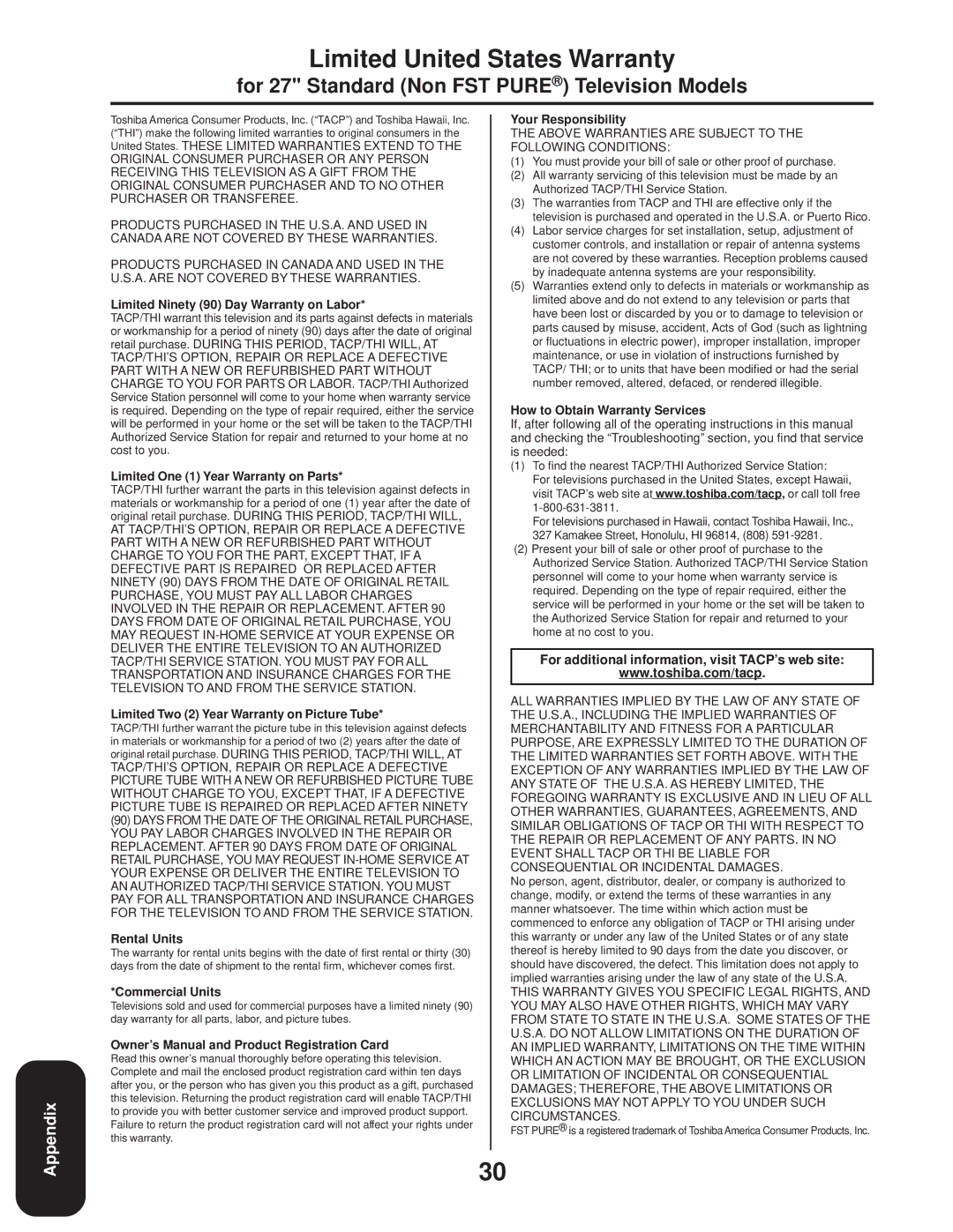 Toshiba 27A33 appendix Limited United States Warranty, For 27 Standard Non FST Pure Television Models 