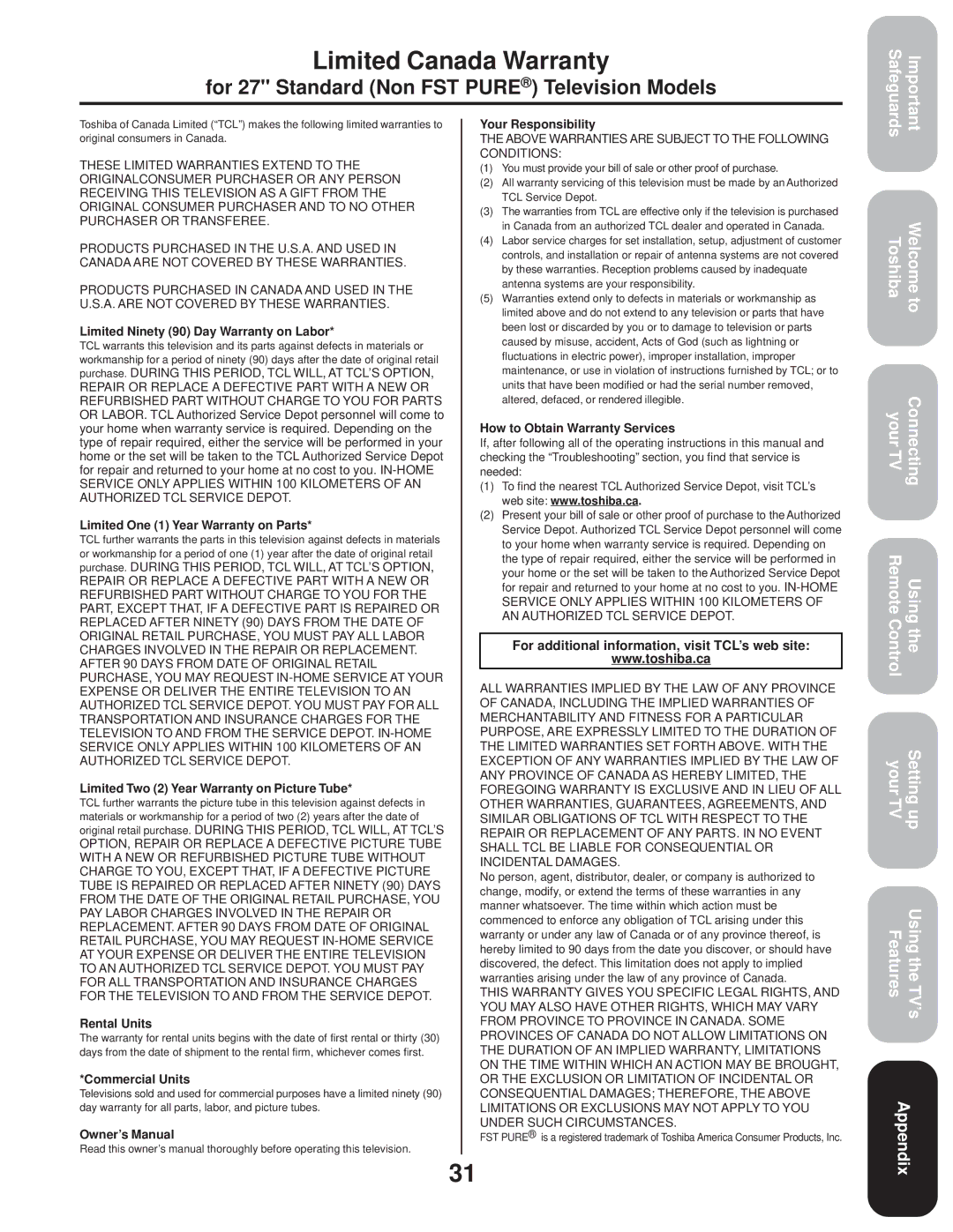 Toshiba 27A33 appendix Limited Canada Warranty, For additional information, visit TCL’s web site 