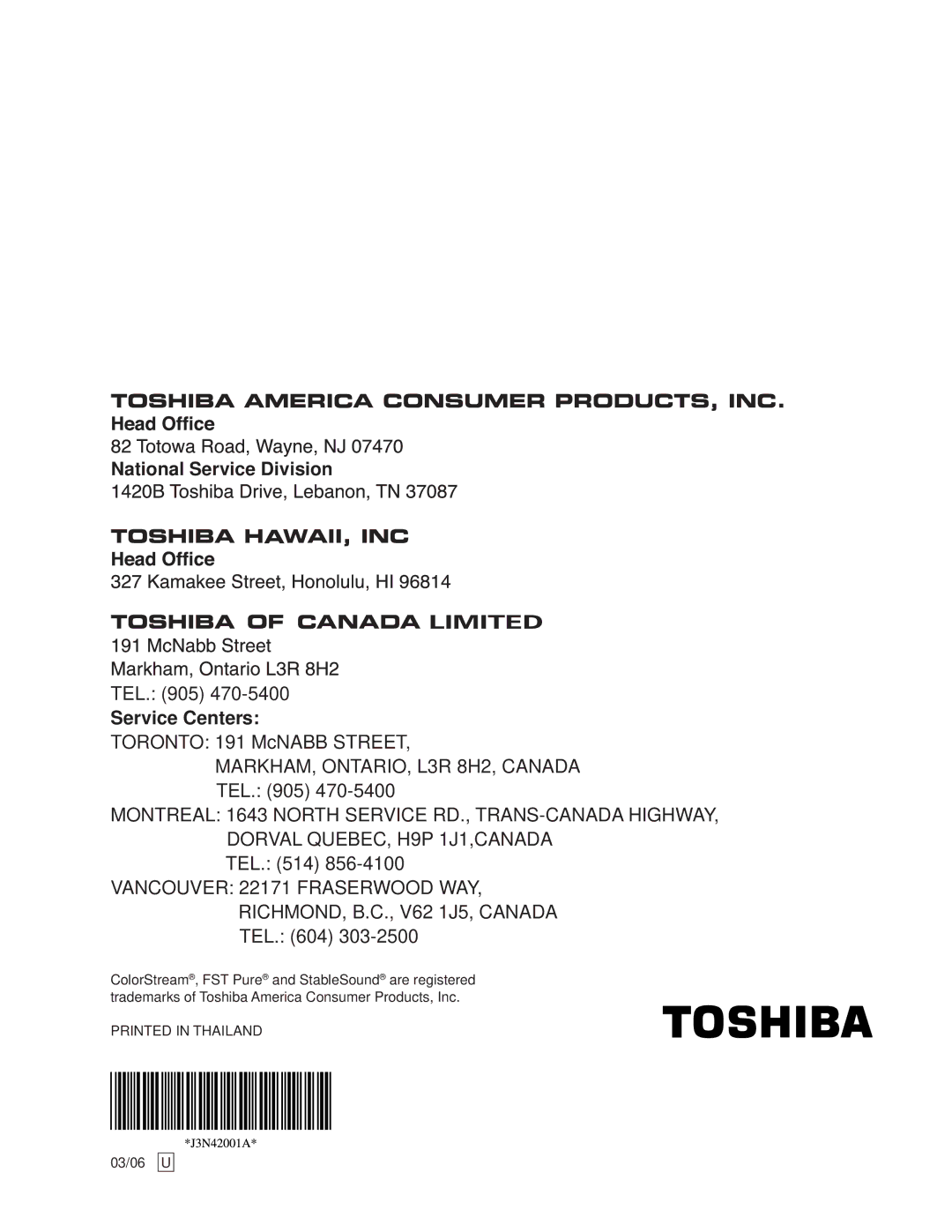 Toshiba 27A33 appendix National Service Division 