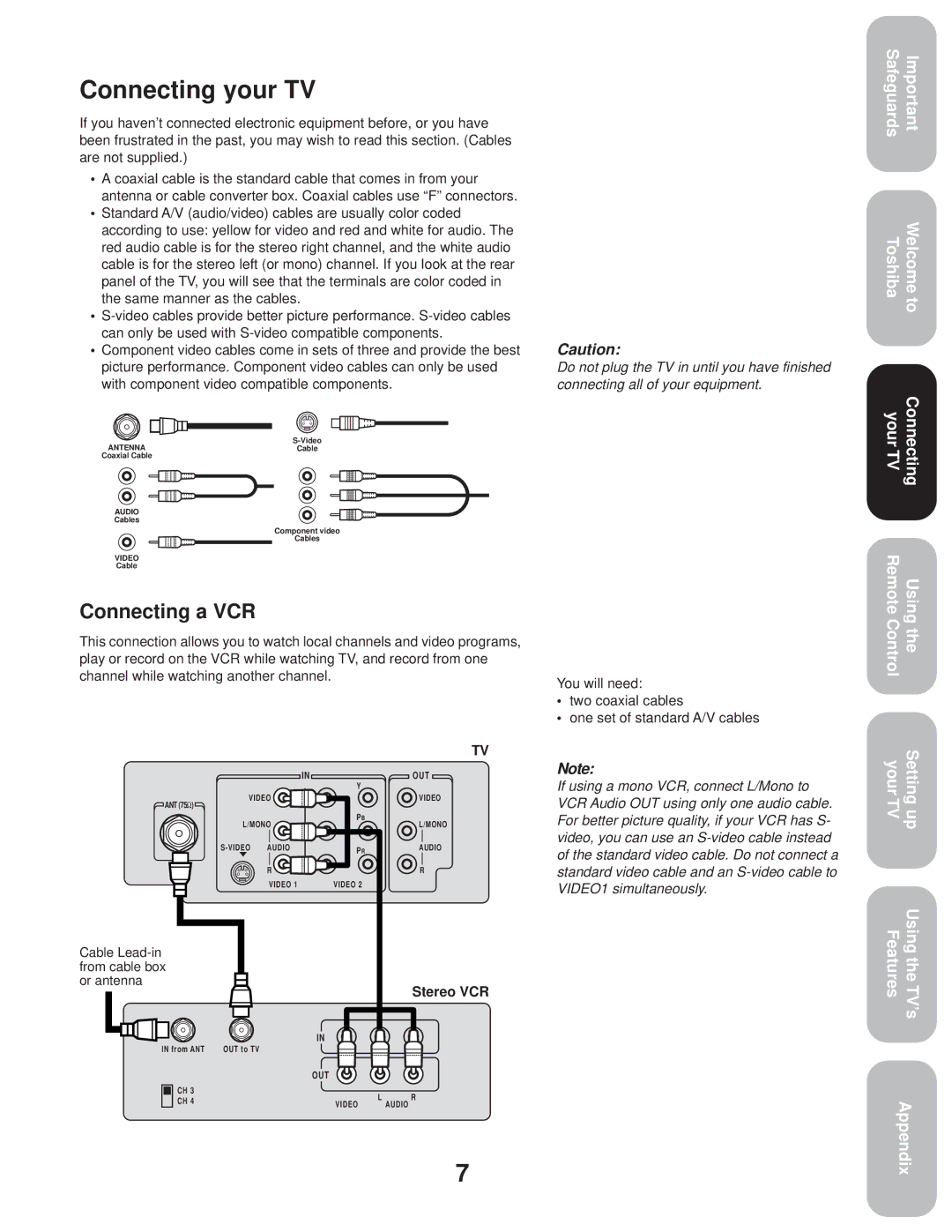 Toshiba 27A33 appendix Connecting your TV, Connecting a VCR, With component video compatible components, Stereo VCR 