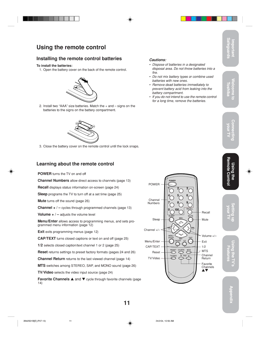 Toshiba 27A34 appendix Using the remote control, Installing the remote control batteries, Learning about the remote control 