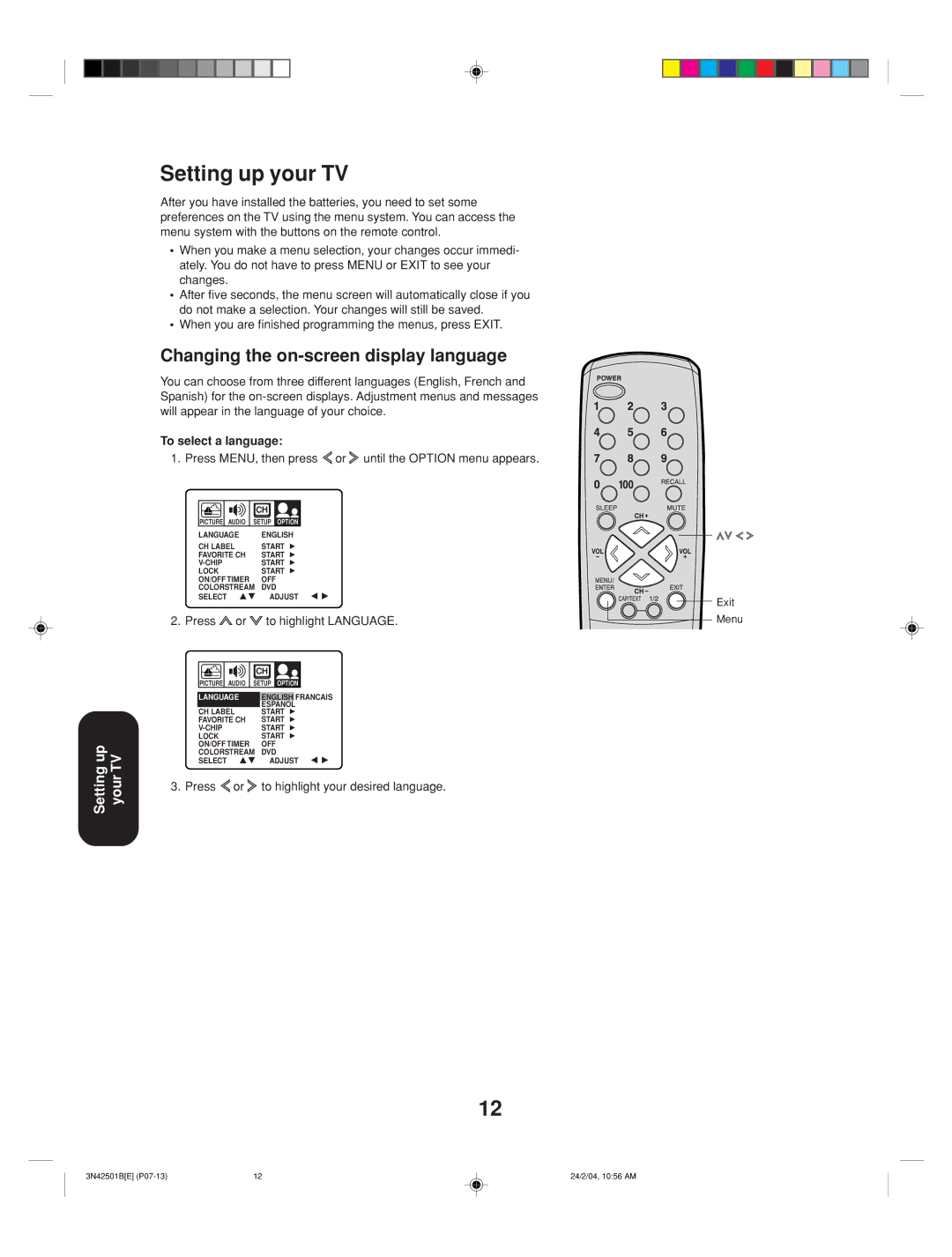 Toshiba 27A34 appendix Setting up your TV, Changing the on-screen display language, To select a language, Press 