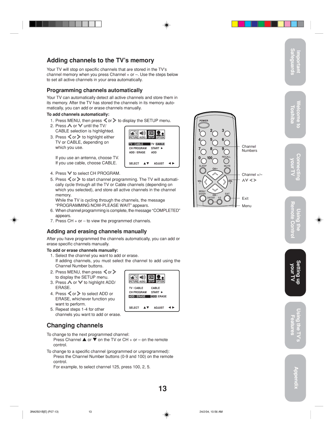 Toshiba 27A34 appendix Adding channels to the TV’s memory, Changing channels, Programming channels automatically 