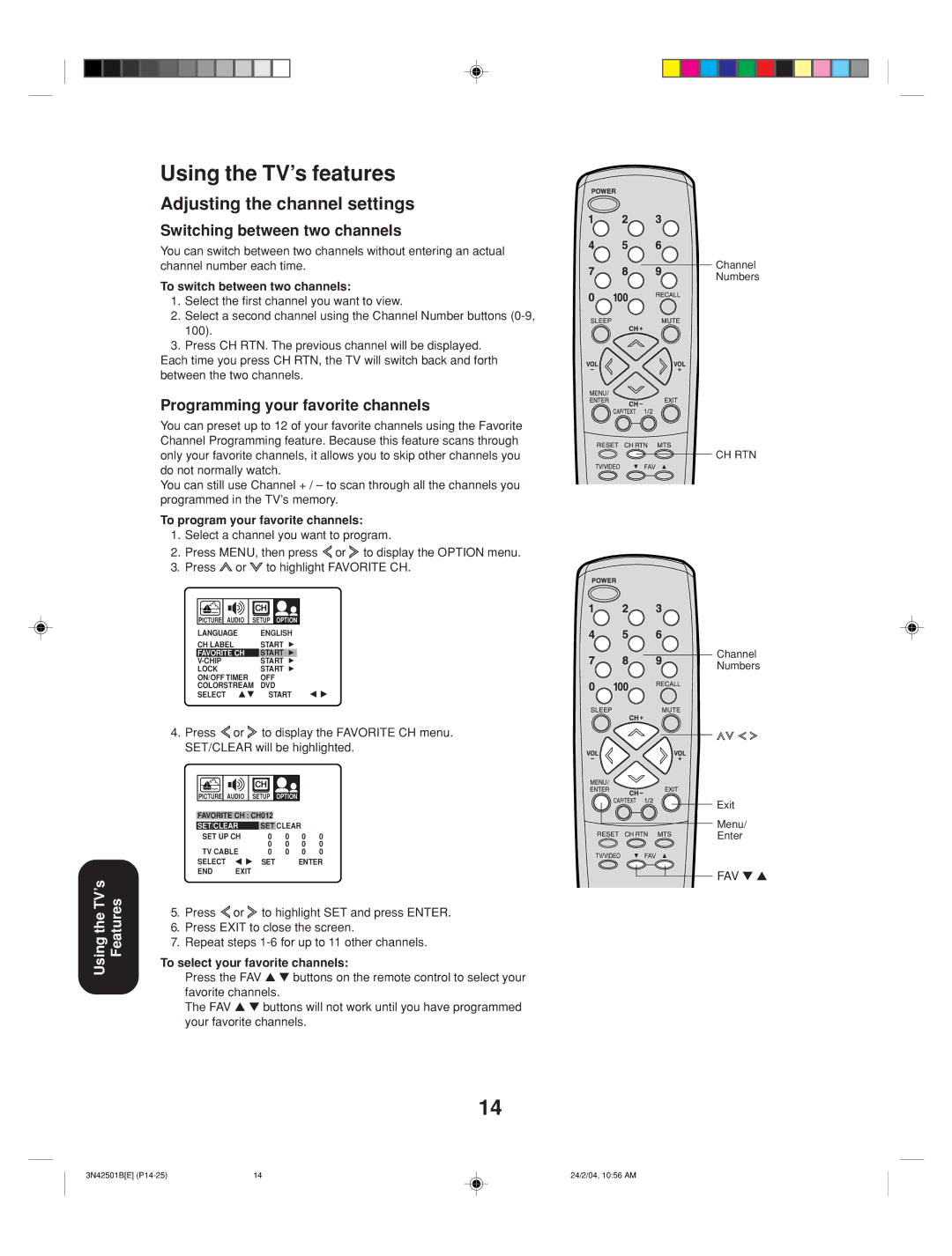 Toshiba 27A34 appendix Using the TV’s features, Adjusting the channel settings, Switching between two channels 