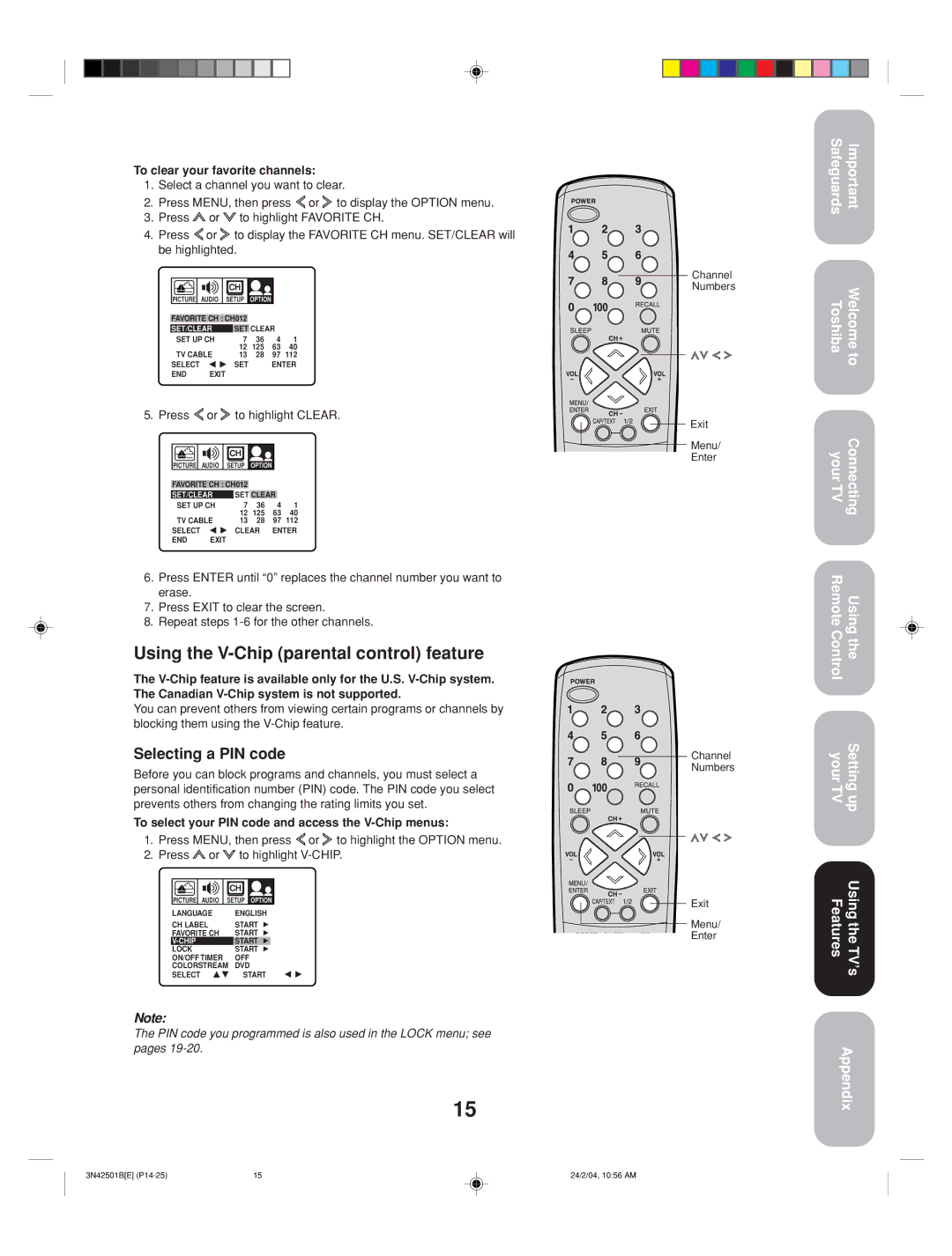 Toshiba 27A34 appendix Using the V-Chip parental control feature, Selecting a PIN code, To clear your favorite channels 