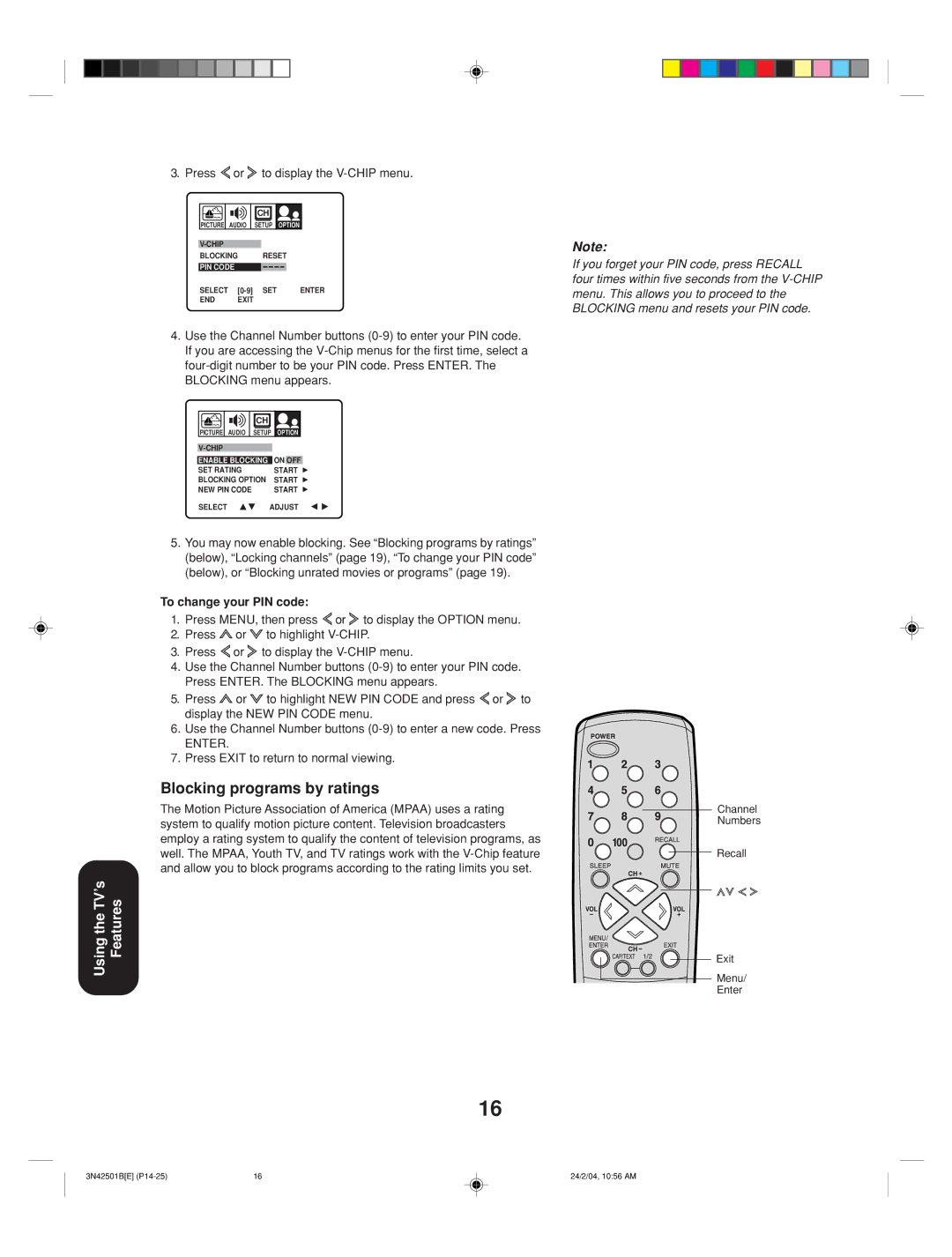 Toshiba 27A34 appendix Blocking programs by ratings, Press or to display the V-CHIP menu, To change your PIN code 