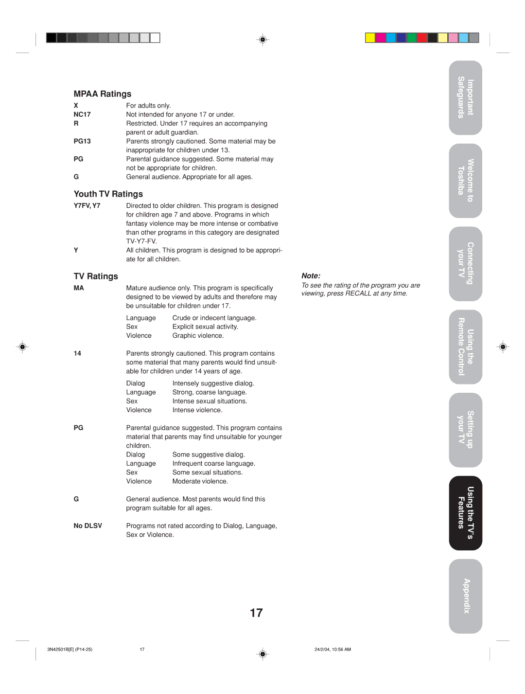 Toshiba 27A34 appendix Mpaa Ratings, Youth TV Ratings 