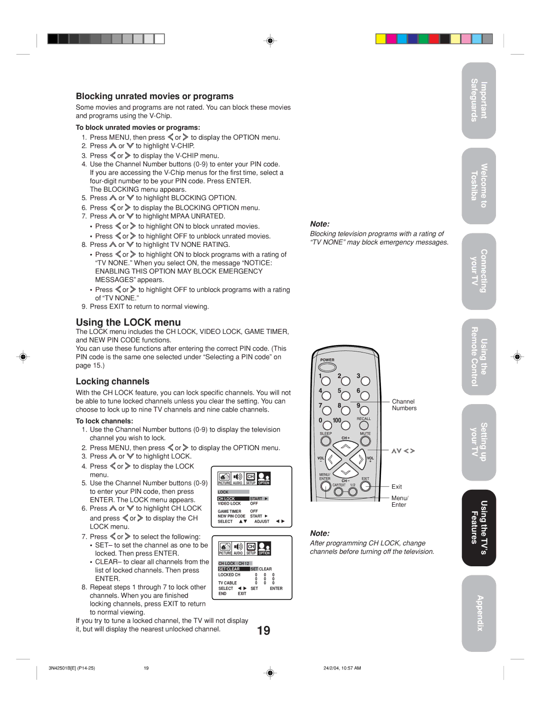 Toshiba 27A34 appendix Using the Lock menu, Blocking unrated movies or programs, Locking channels 