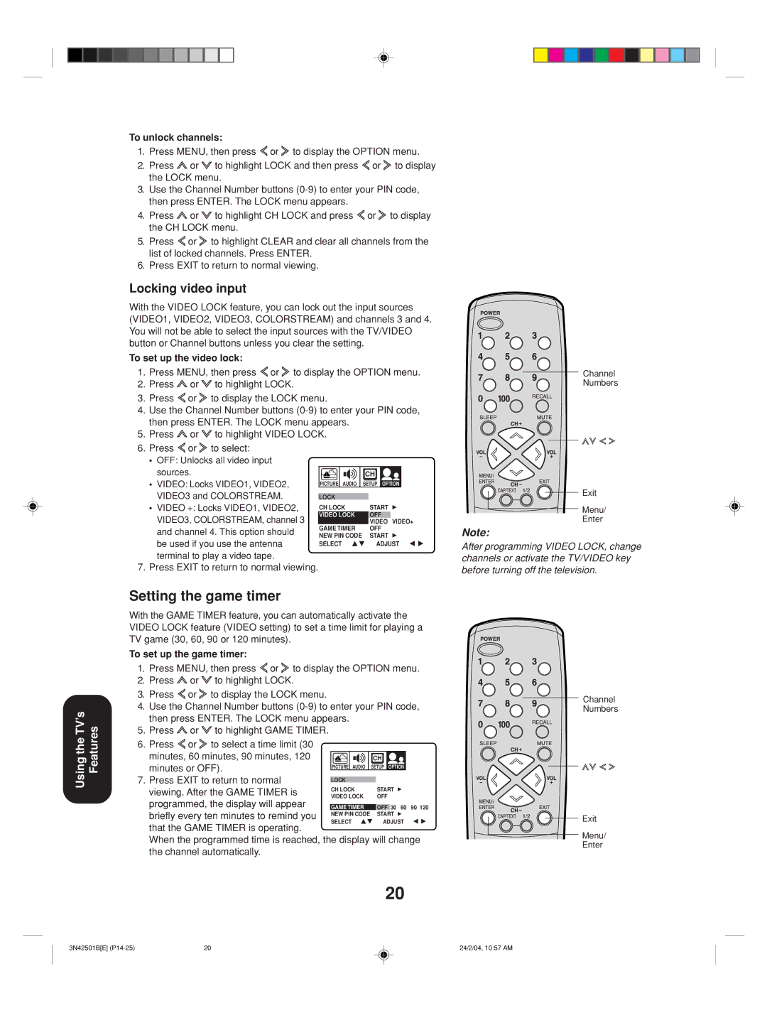 Toshiba 27A34 appendix Setting the game timer, Locking video input, To unlock channels, To set up the video lock 