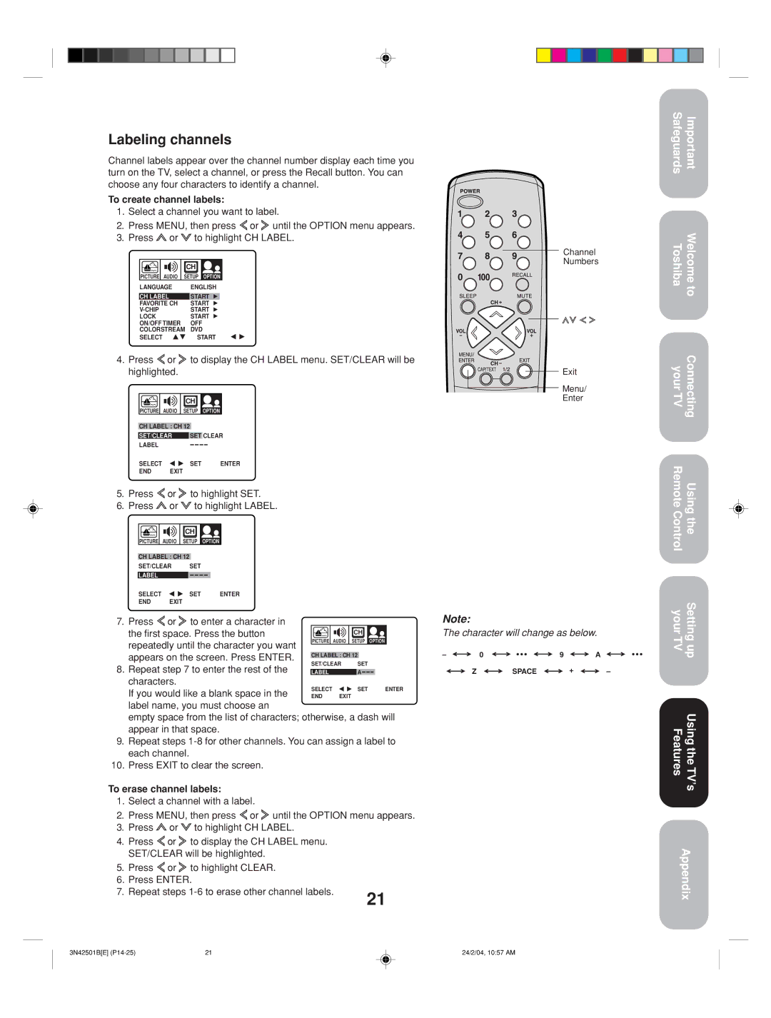 Toshiba 27A34 appendix Labeling channels 