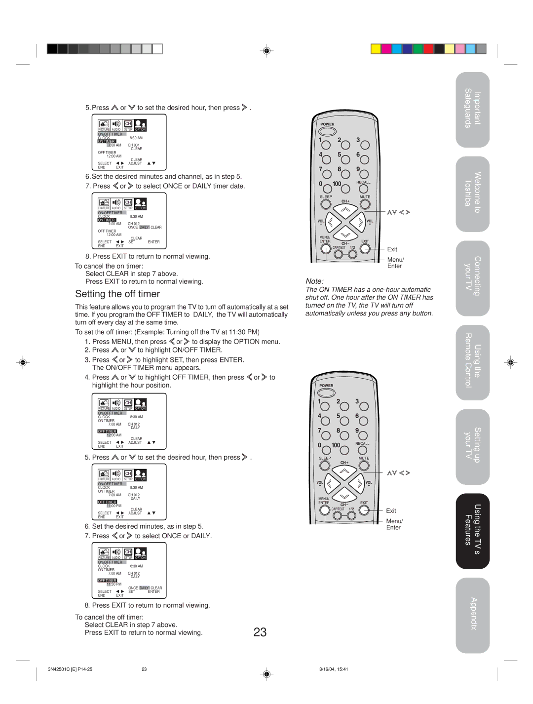 Toshiba 27A34 appendix Setting the off timer 